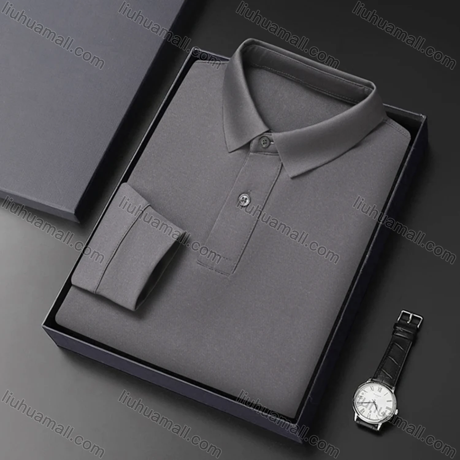 Wholesale Men's Business Plain Long Sleeve Slim Fit Polo Shirt 2515# - Liuhuamall