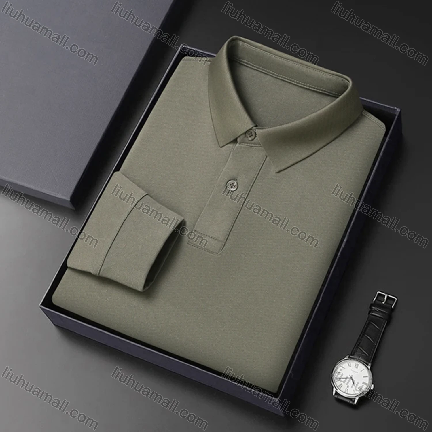 Wholesale Men's Business Plain Long Sleeve Slim Fit Polo Shirt 2515# - Liuhuamall