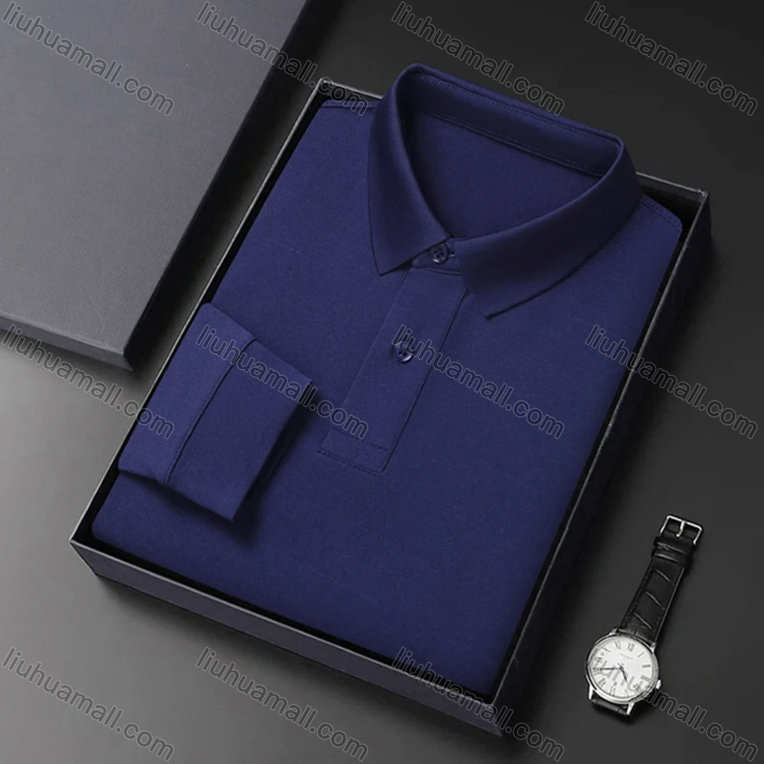 Wholesale Men's Business Plain Long Sleeve Slim Fit Polo Shirt 2515# - Liuhuamall