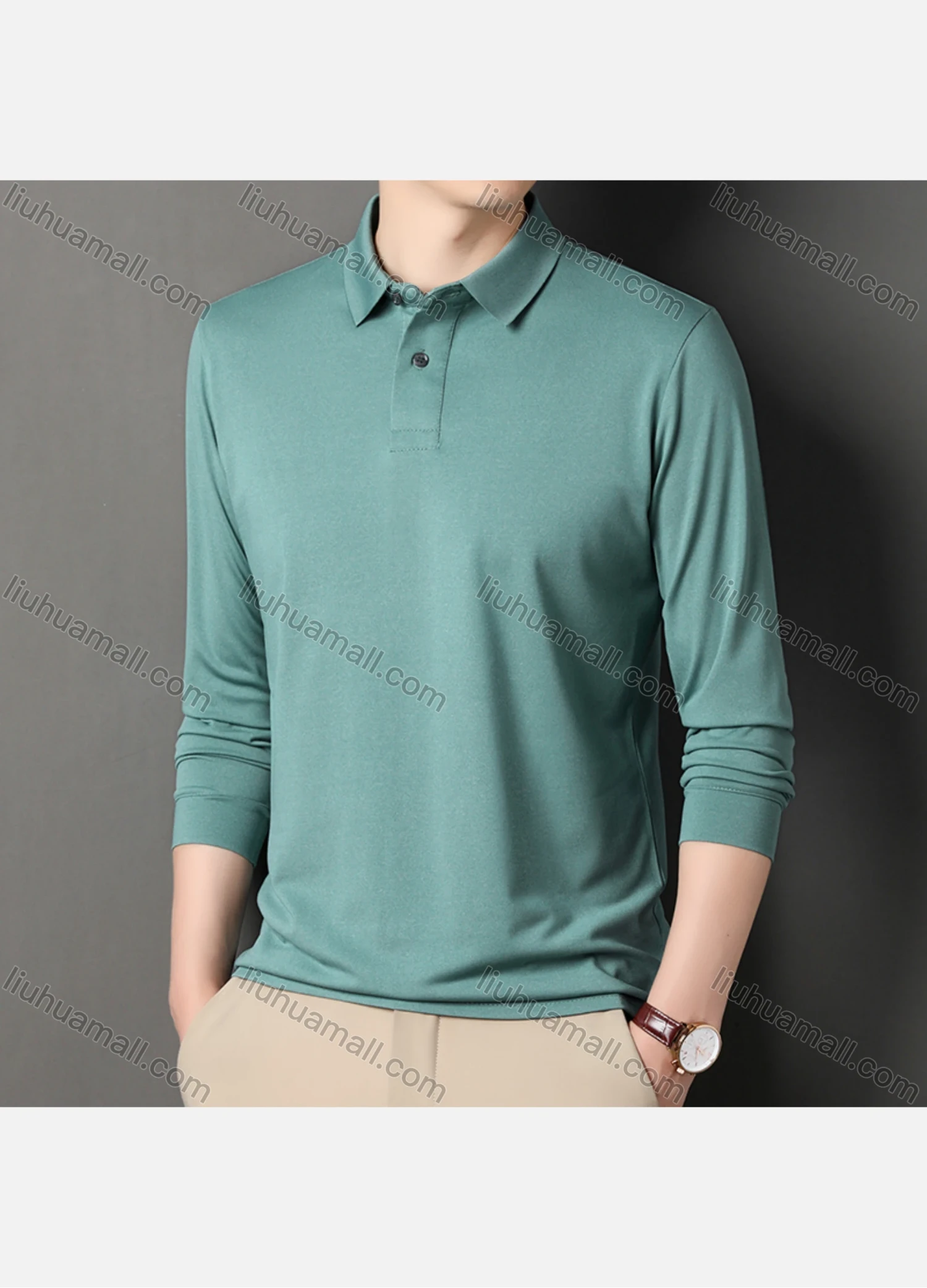 Wholesale Men's Business Plain Long Sleeve Slim Fit Polo Shirt 2515# - Liuhuamall