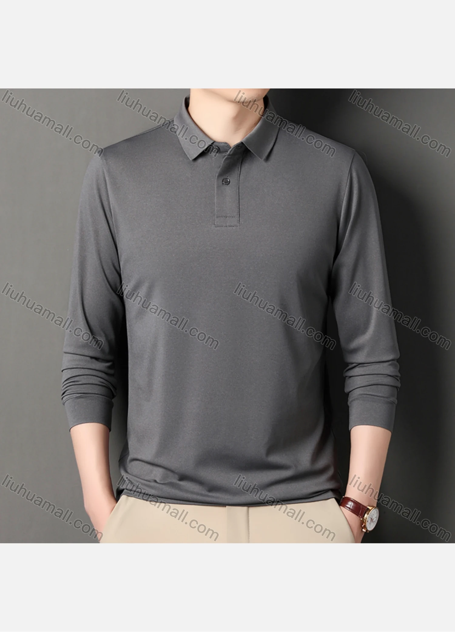 Wholesale Men's Business Plain Long Sleeve Slim Fit Polo Shirt 2515# - Liuhuamall