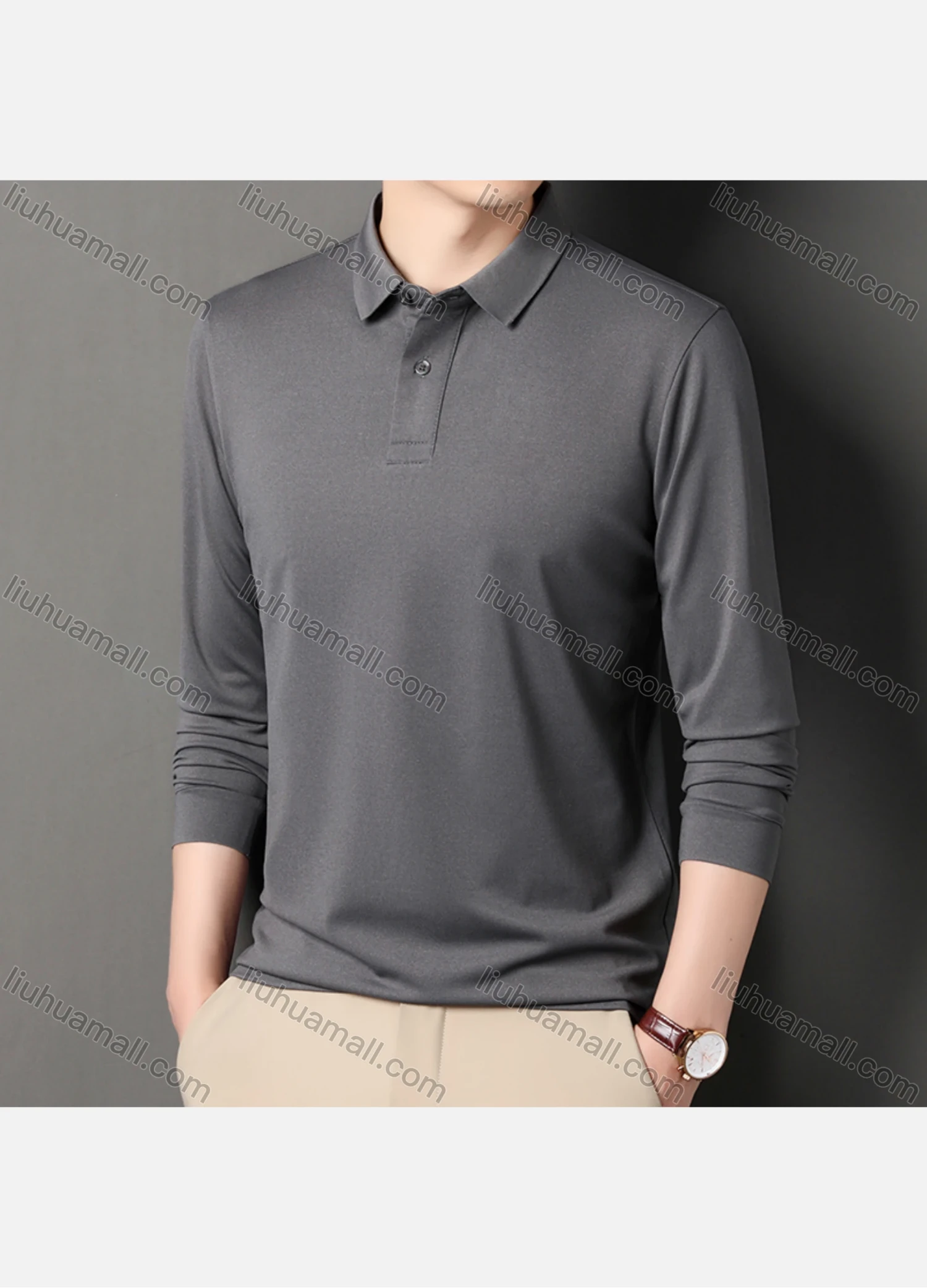 Wholesale Men's Business Plain Long Sleeve Slim Fit Polo Shirt 2515# - Liuhuamall