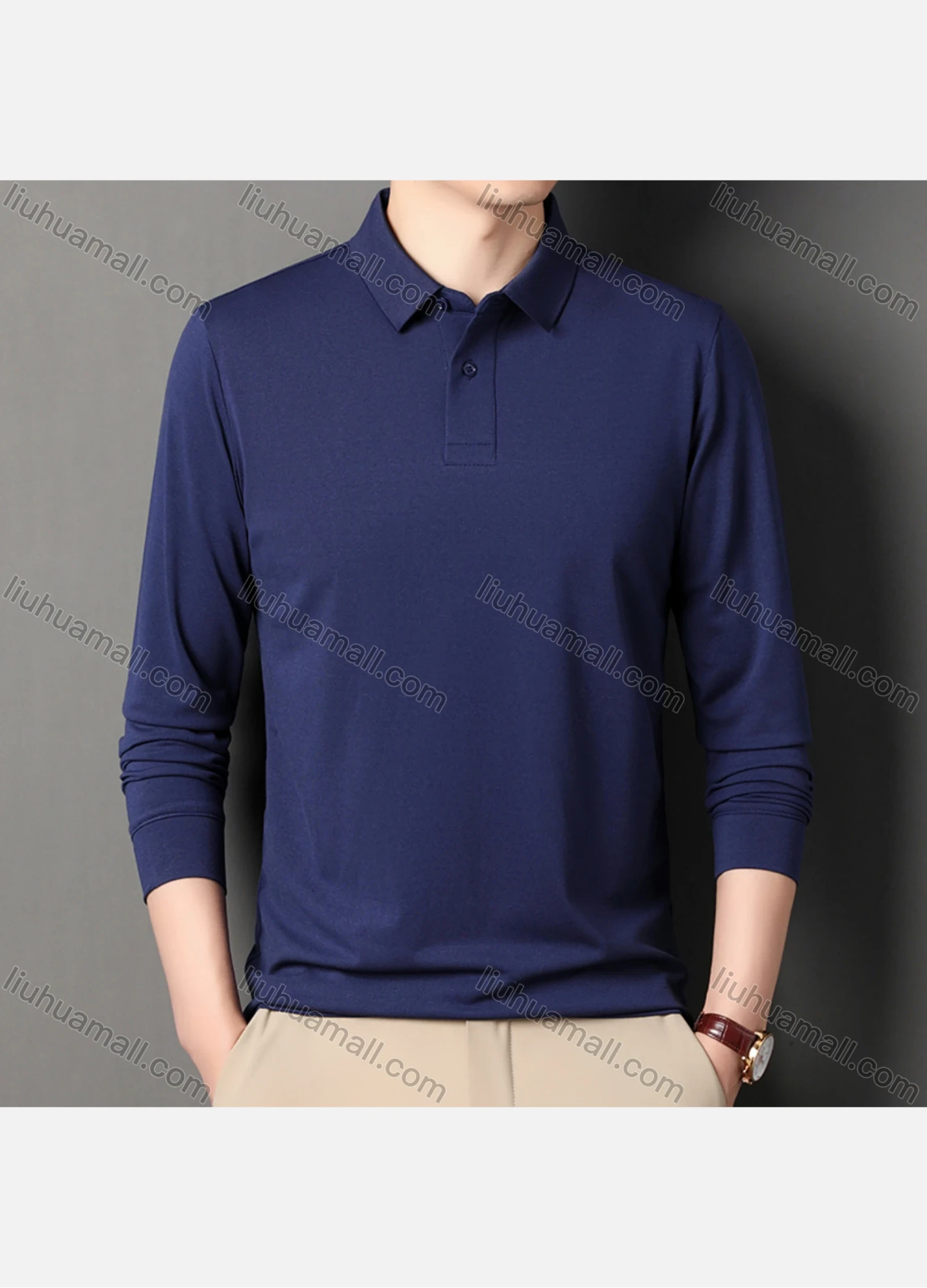 Wholesale Men's Business Plain Long Sleeve Slim Fit Polo Shirt 2515# - Liuhuamall
