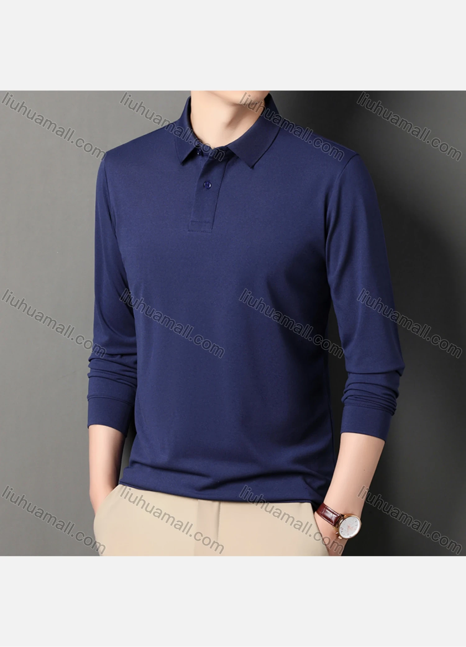 Wholesale Men's Business Plain Long Sleeve Slim Fit Polo Shirt 2515# - Liuhuamall