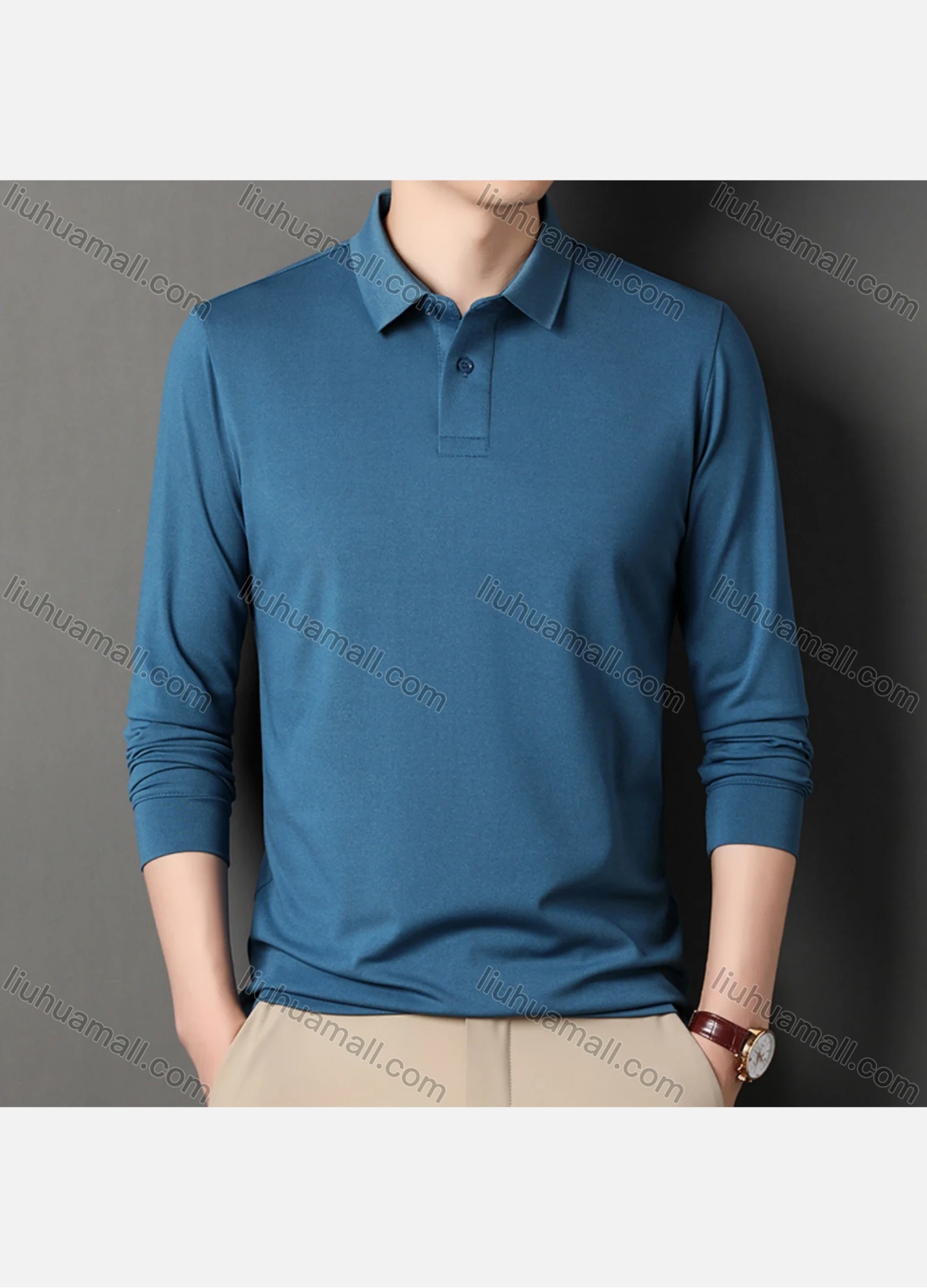 Wholesale Men's Business Plain Long Sleeve Slim Fit Polo Shirt 2515# - Liuhuamall
