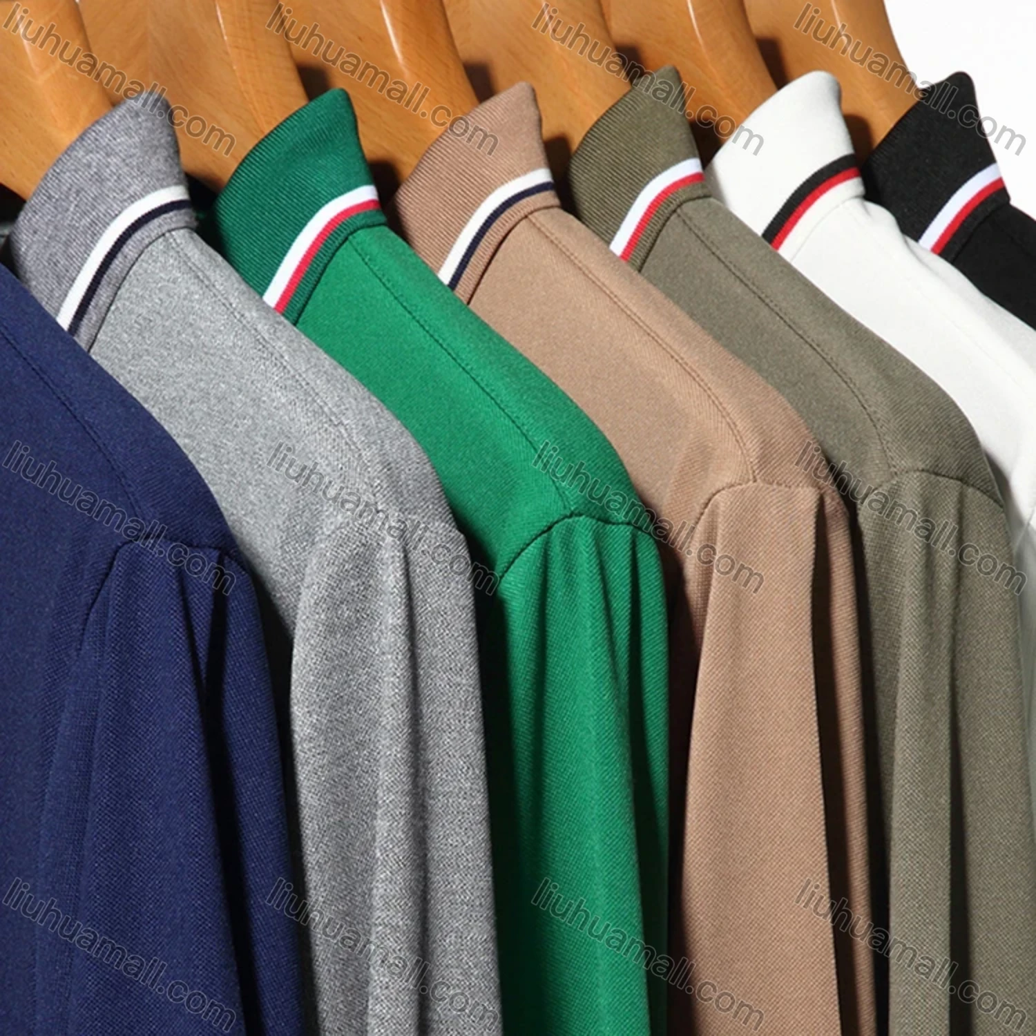 Wholesale Men's Casual Plain Striped Trim Long Sleeve Slim Fit Polo Shirt 6611# - Liuhuamall