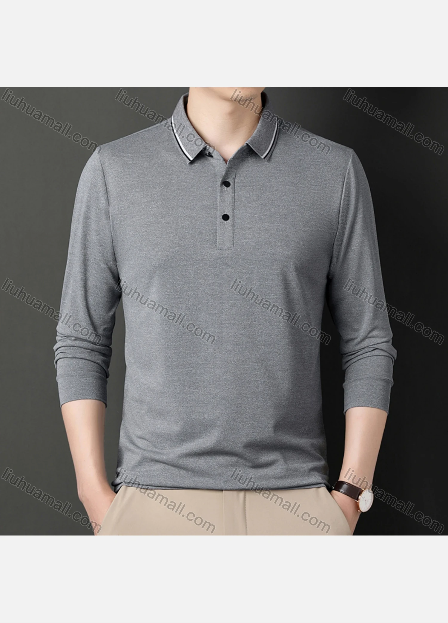 Wholesale Men's Casual Plain Striped Trim Long Sleeve Slim Fit Polo Shirt 6611# - Liuhuamall
