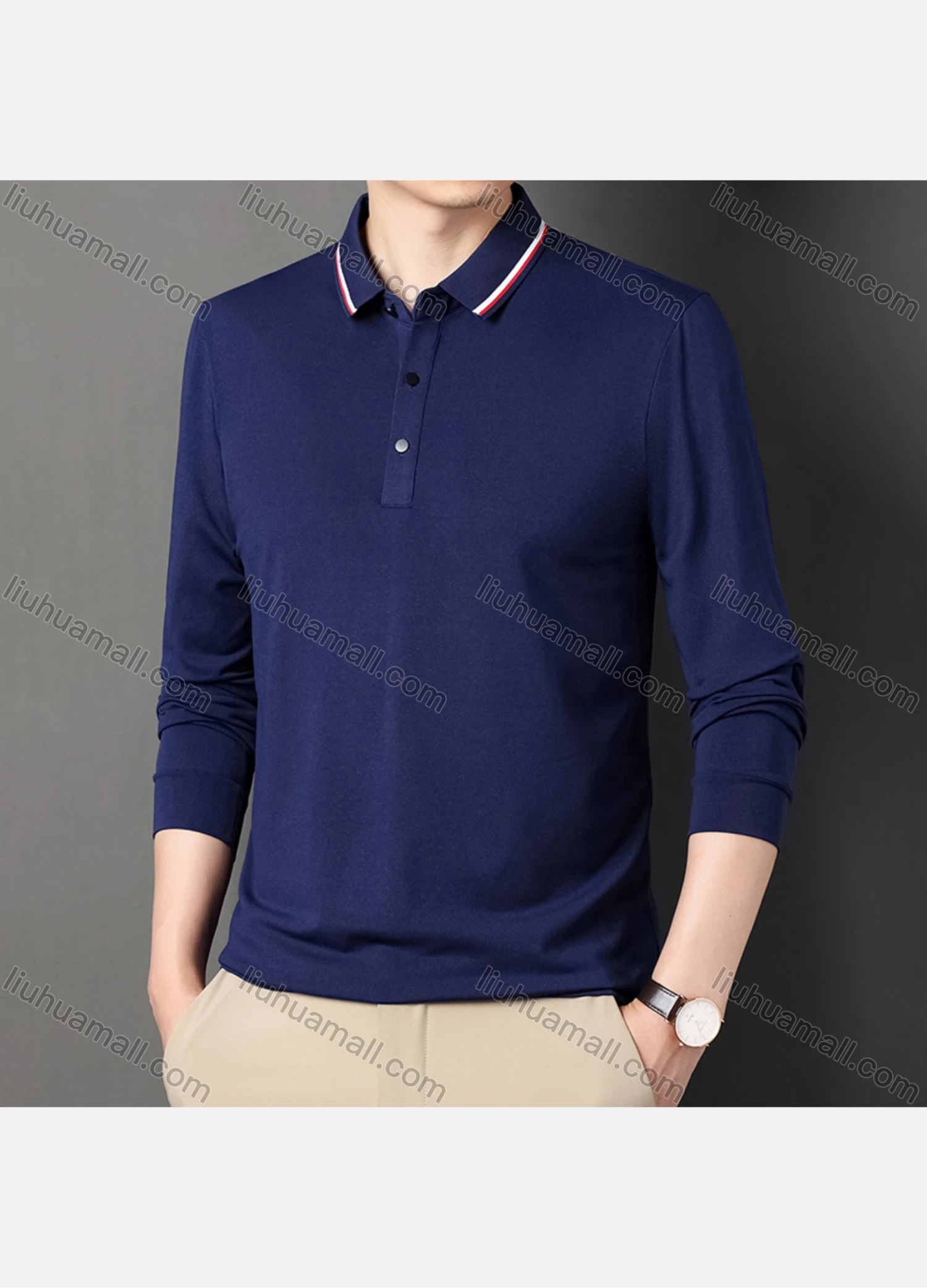 Wholesale Men's Casual Plain Striped Trim Long Sleeve Slim Fit Polo Shirt 6611# - Liuhuamall