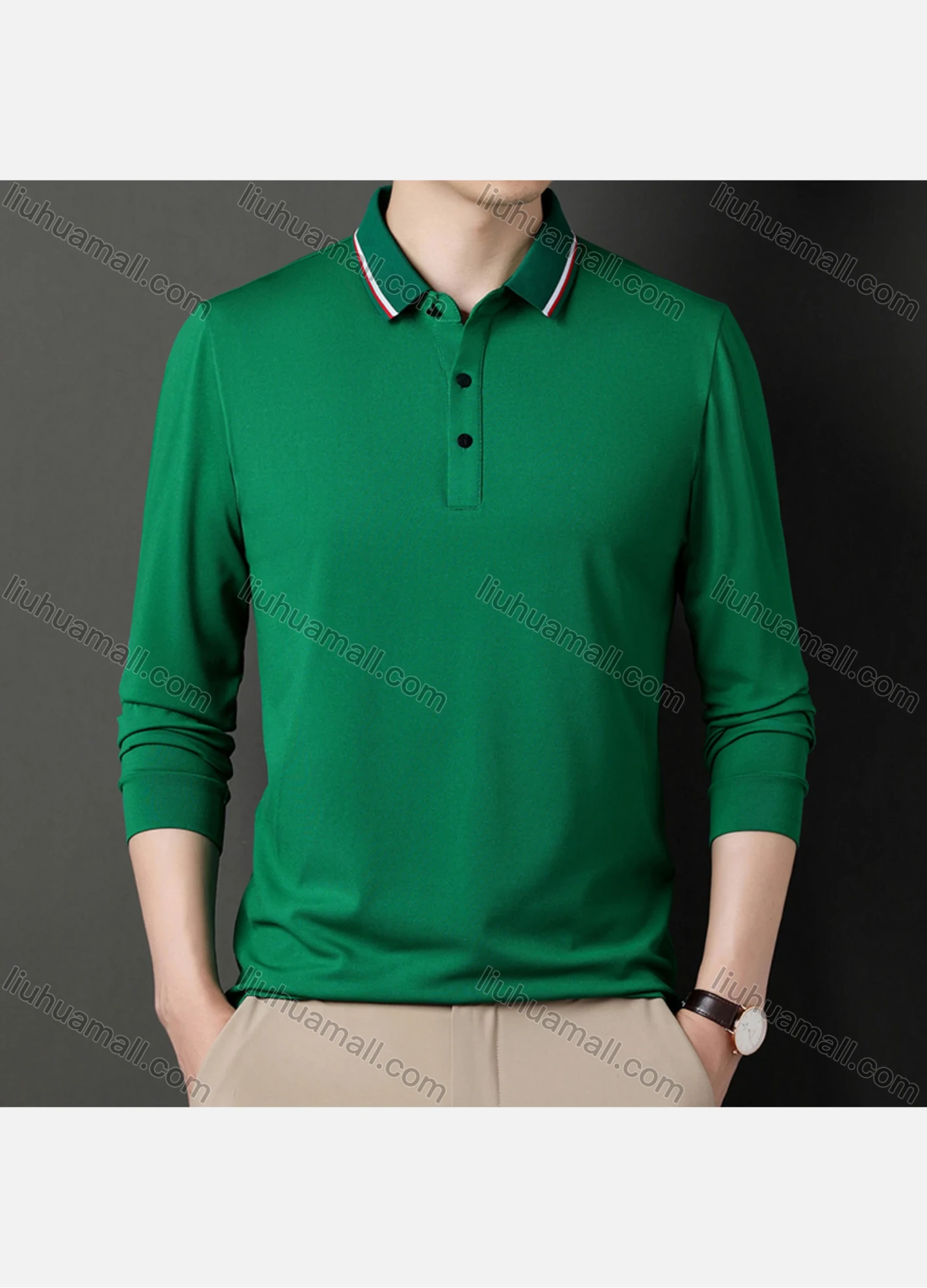Wholesale Men's Casual Plain Striped Trim Long Sleeve Slim Fit Polo Shirt 6611# - Liuhuamall
