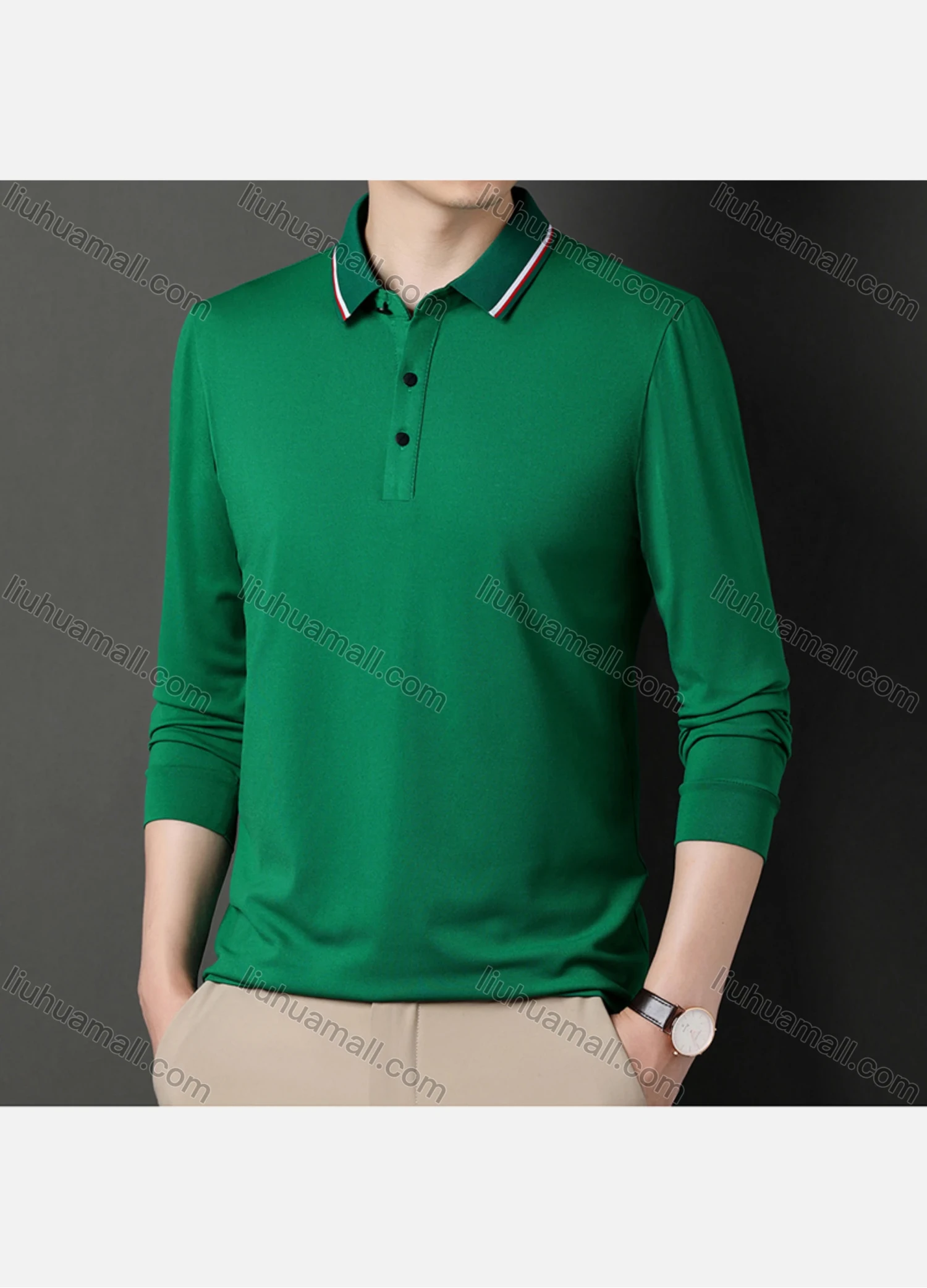 Wholesale Men's Casual Plain Striped Trim Long Sleeve Slim Fit Polo Shirt 6611# - Liuhuamall