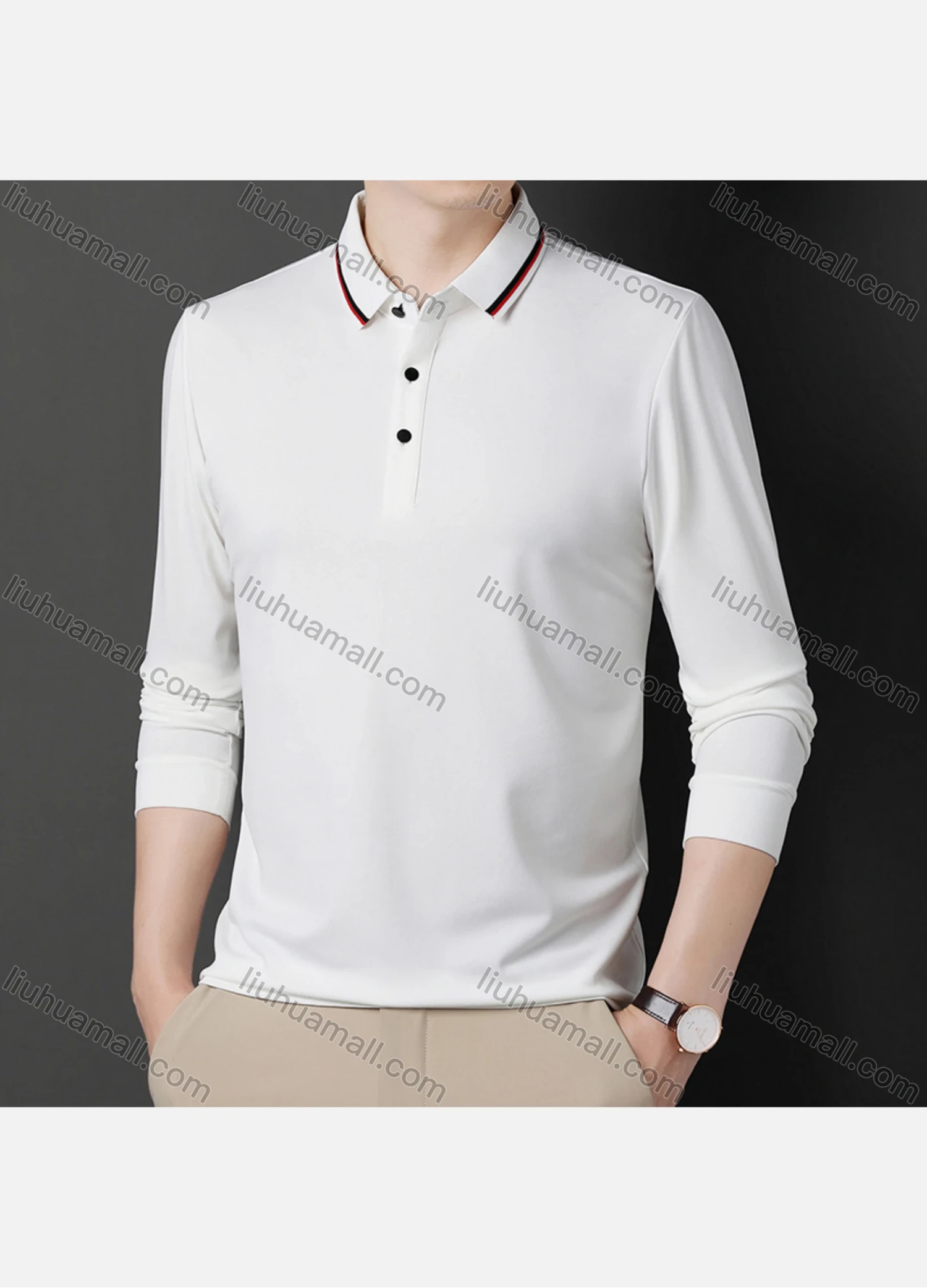 Wholesale Men's Casual Plain Striped Trim Long Sleeve Slim Fit Polo Shirt 6611# - Liuhuamall