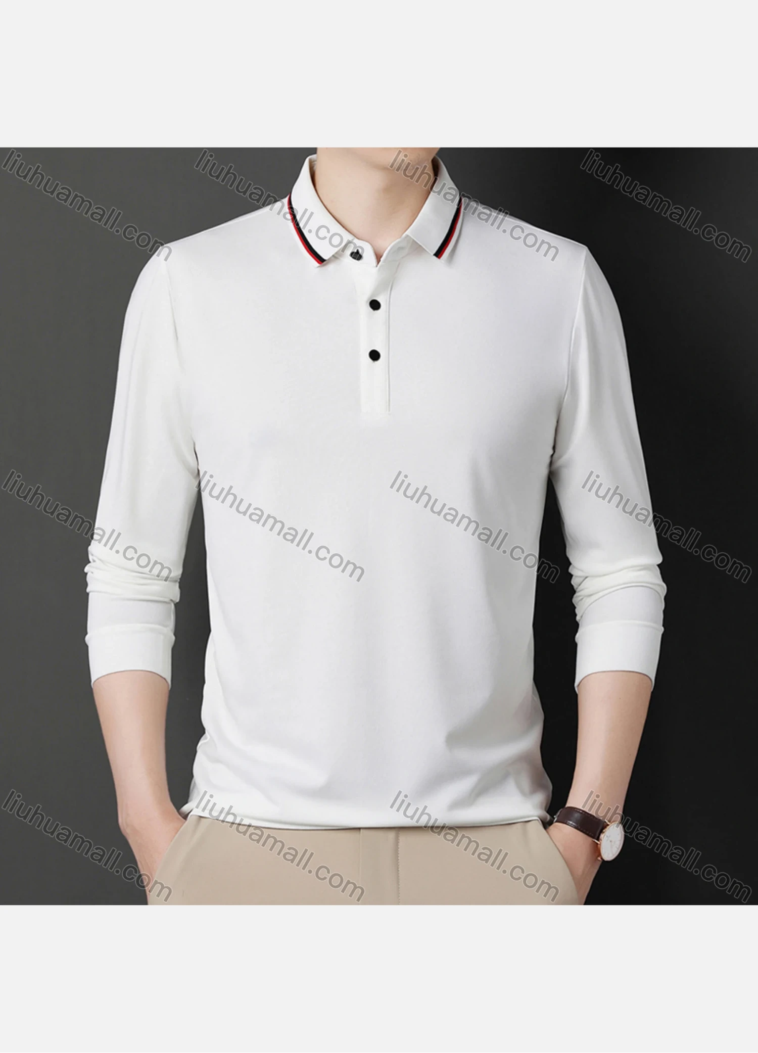 Wholesale Men's Casual Plain Striped Trim Long Sleeve Slim Fit Polo Shirt 6611# - Liuhuamall