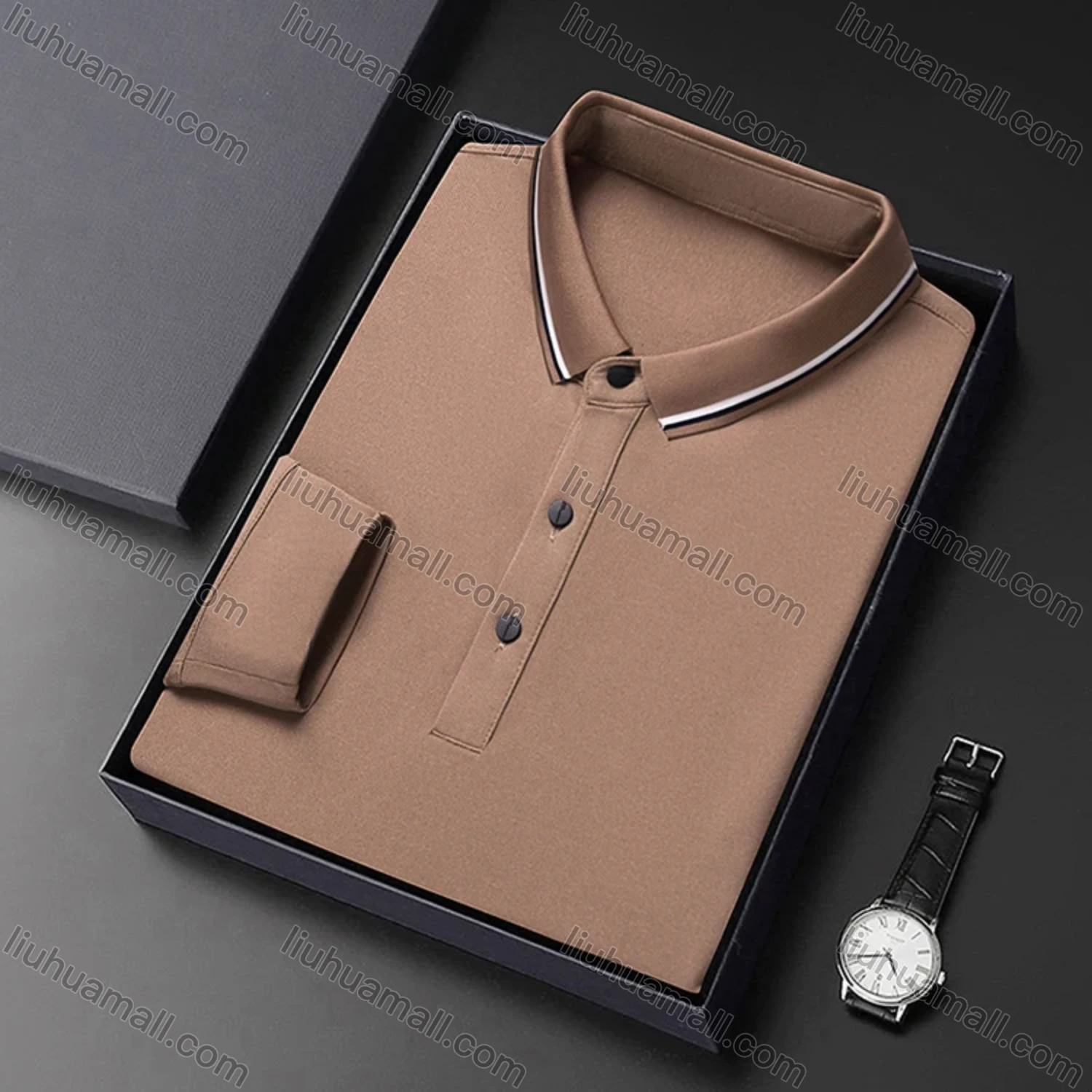 Wholesale Men's Casual Plain Striped Trim Long Sleeve Slim Fit Polo Shirt 6611# - Liuhuamall