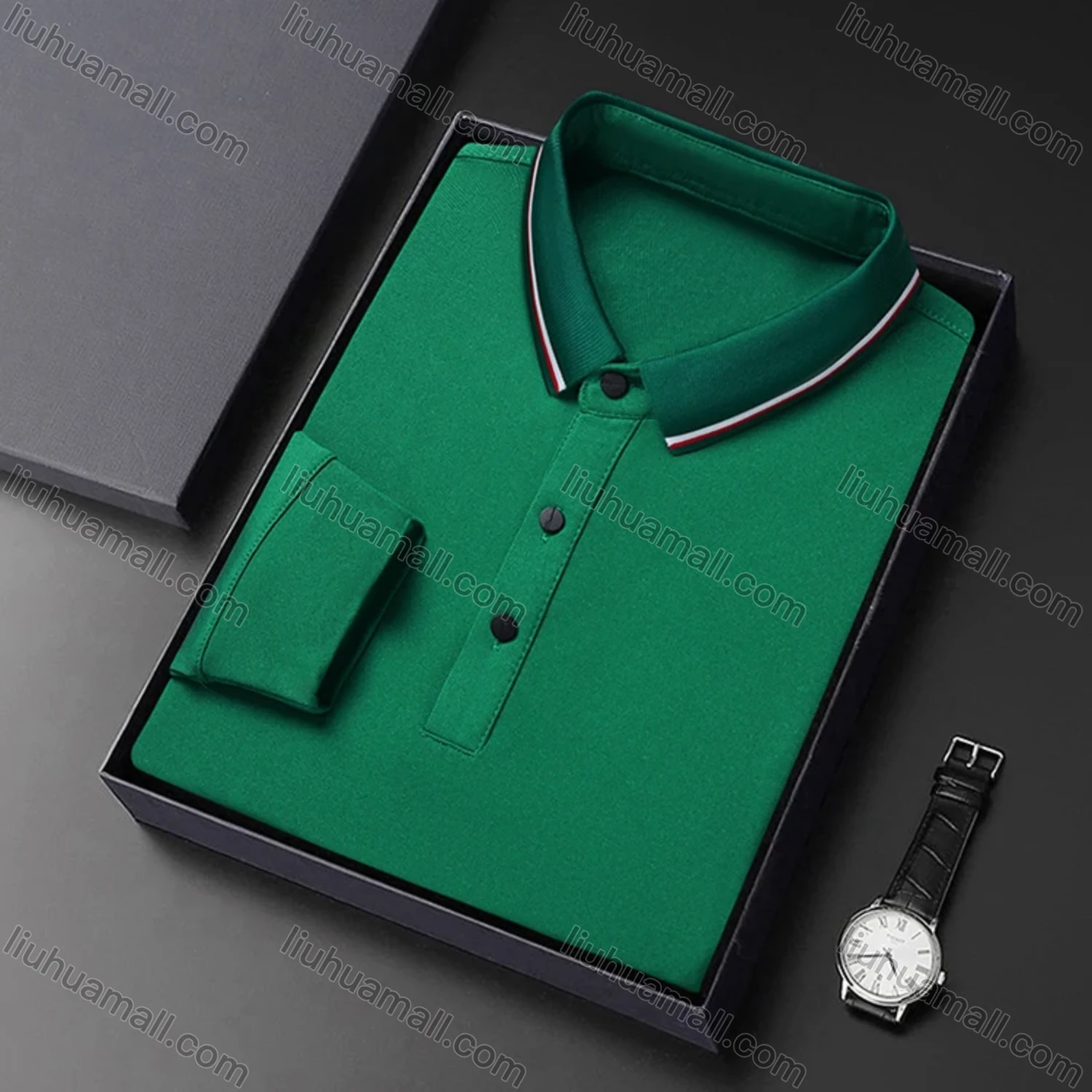 Wholesale Men's Casual Plain Striped Trim Long Sleeve Slim Fit Polo Shirt 6611# - Liuhuamall