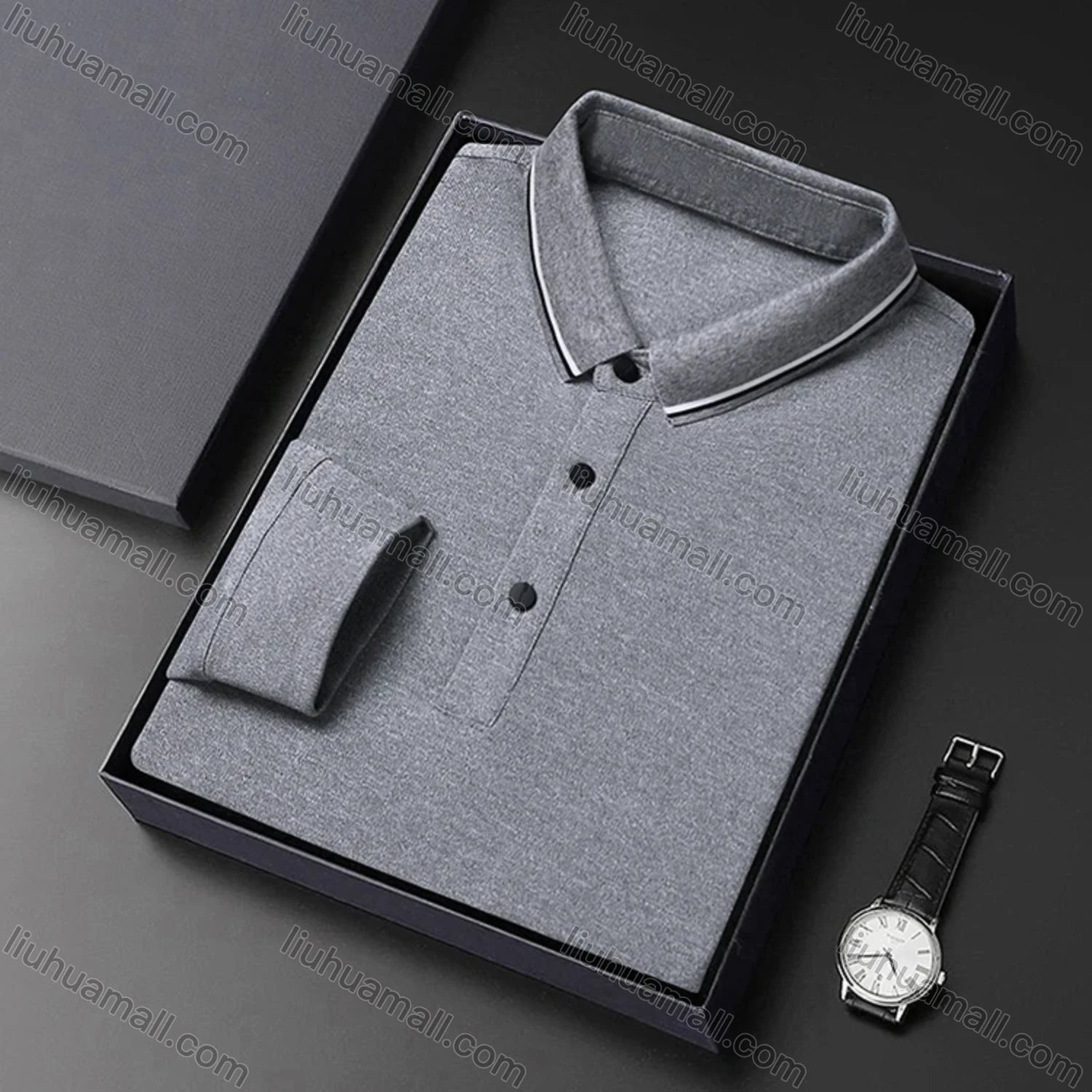 Wholesale Men's Casual Plain Striped Trim Long Sleeve Slim Fit Polo Shirt 6611# - Liuhuamall