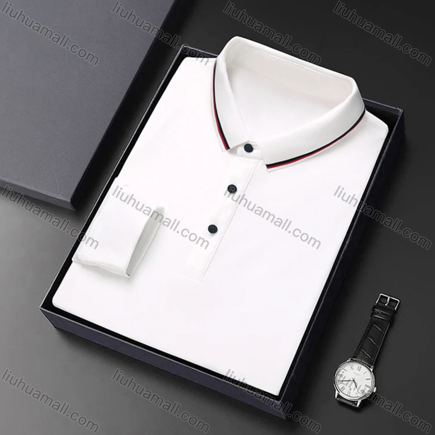 Wholesale Men's Casual Plain Striped Trim Long Sleeve Slim Fit Polo Shirt 6611# - Liuhuamall