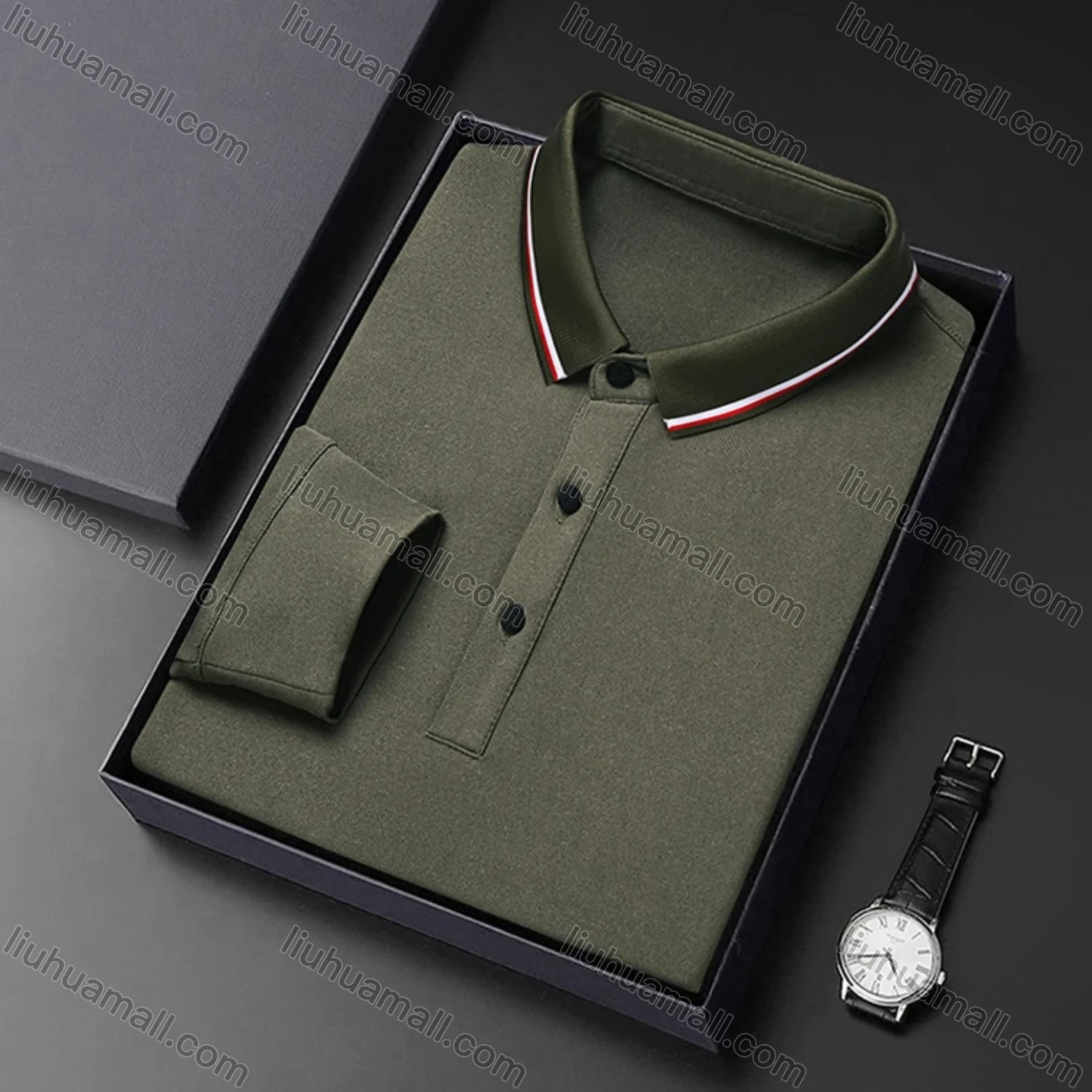 Wholesale Men's Casual Plain Striped Trim Long Sleeve Slim Fit Polo Shirt 6611# - Liuhuamall