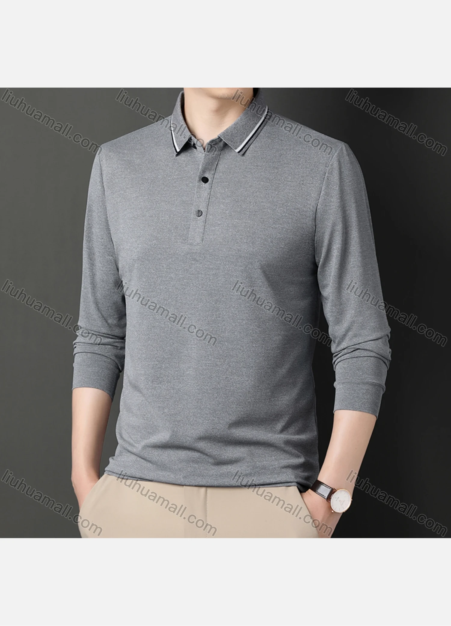 Wholesale Men's Casual Plain Striped Trim Long Sleeve Slim Fit Polo Shirt 6611# - Liuhuamall
