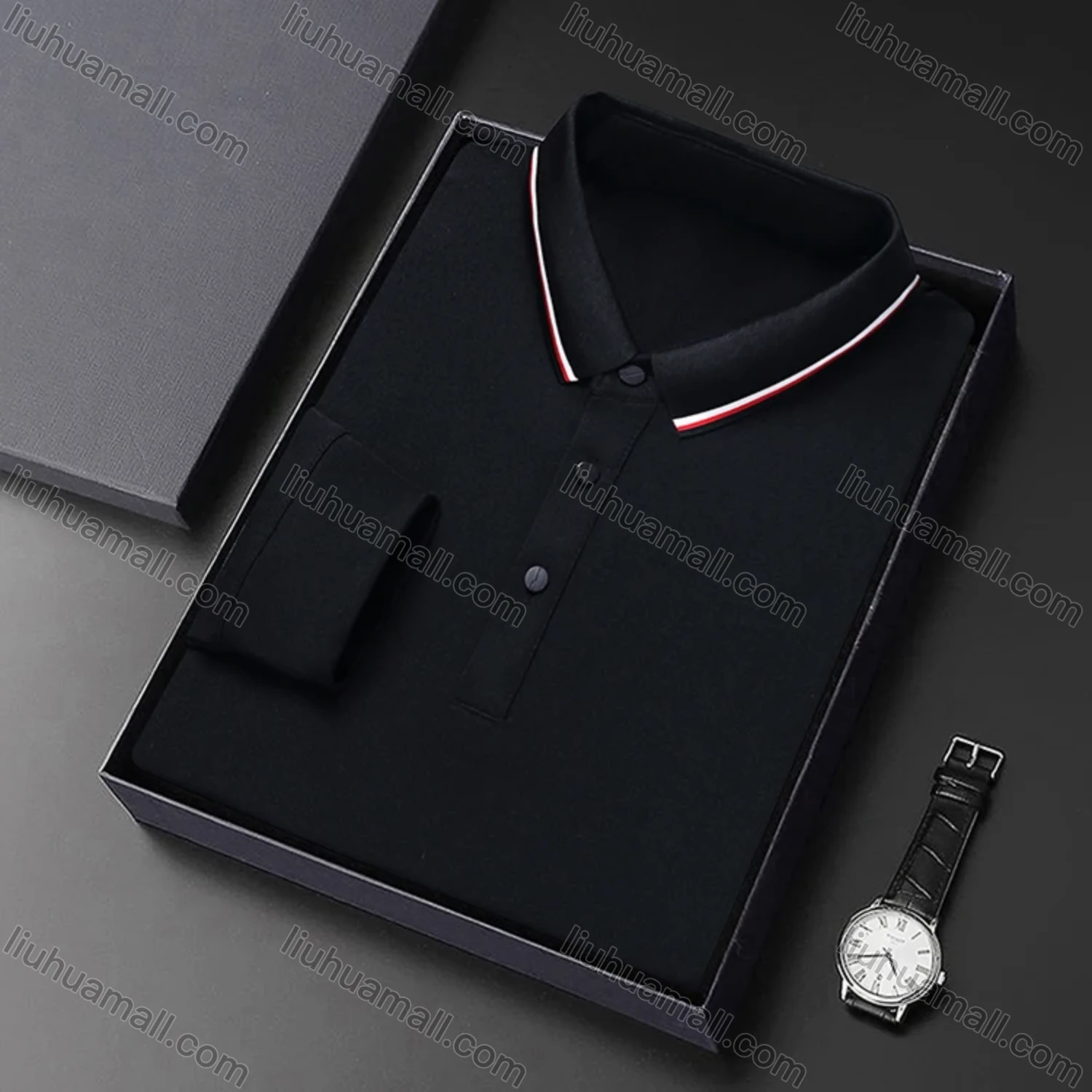 Wholesale Men's Casual Plain Striped Trim Long Sleeve Slim Fit Polo Shirt 6611# - Liuhuamall