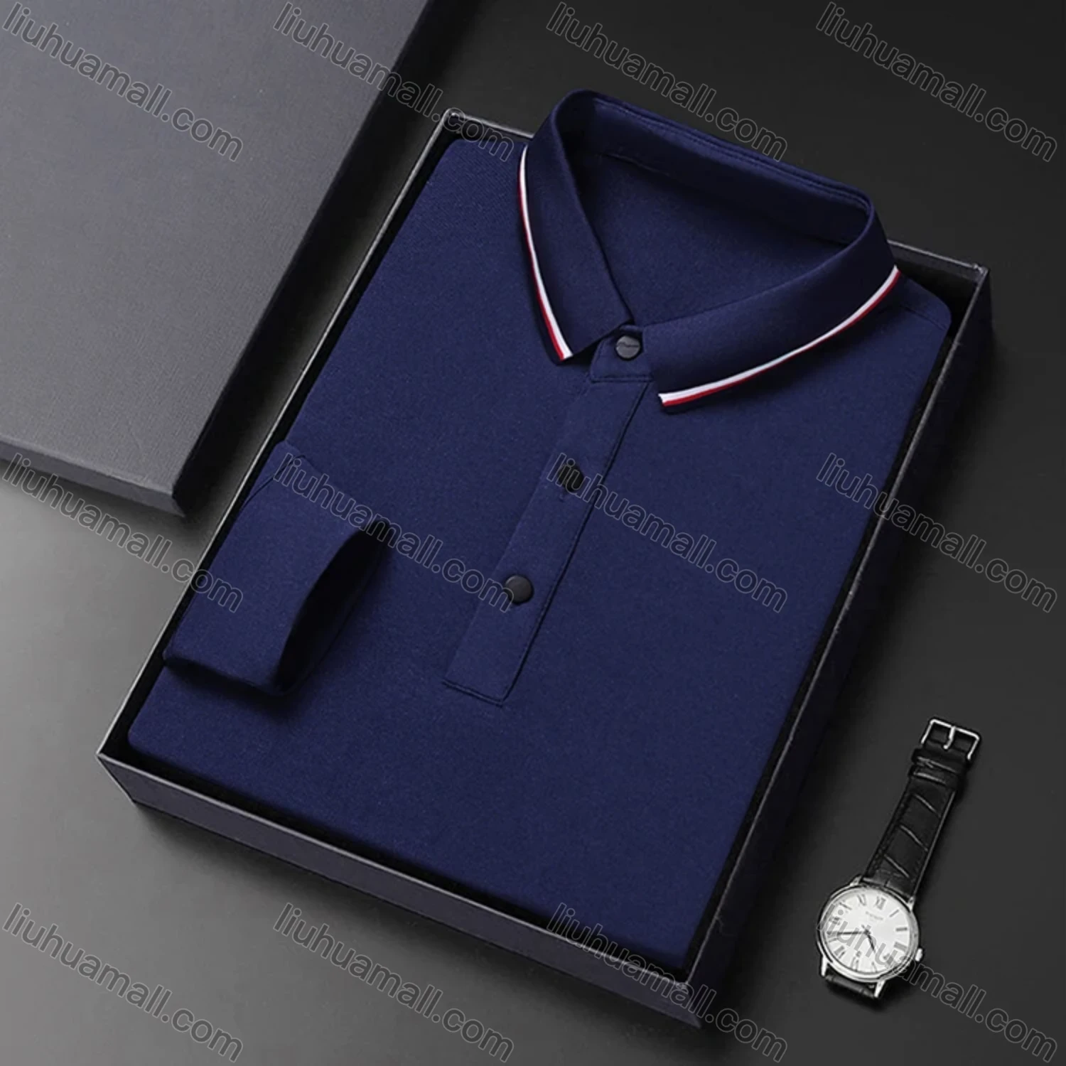 Wholesale Men's Casual Plain Striped Trim Long Sleeve Slim Fit Polo Shirt 6611# - Liuhuamall