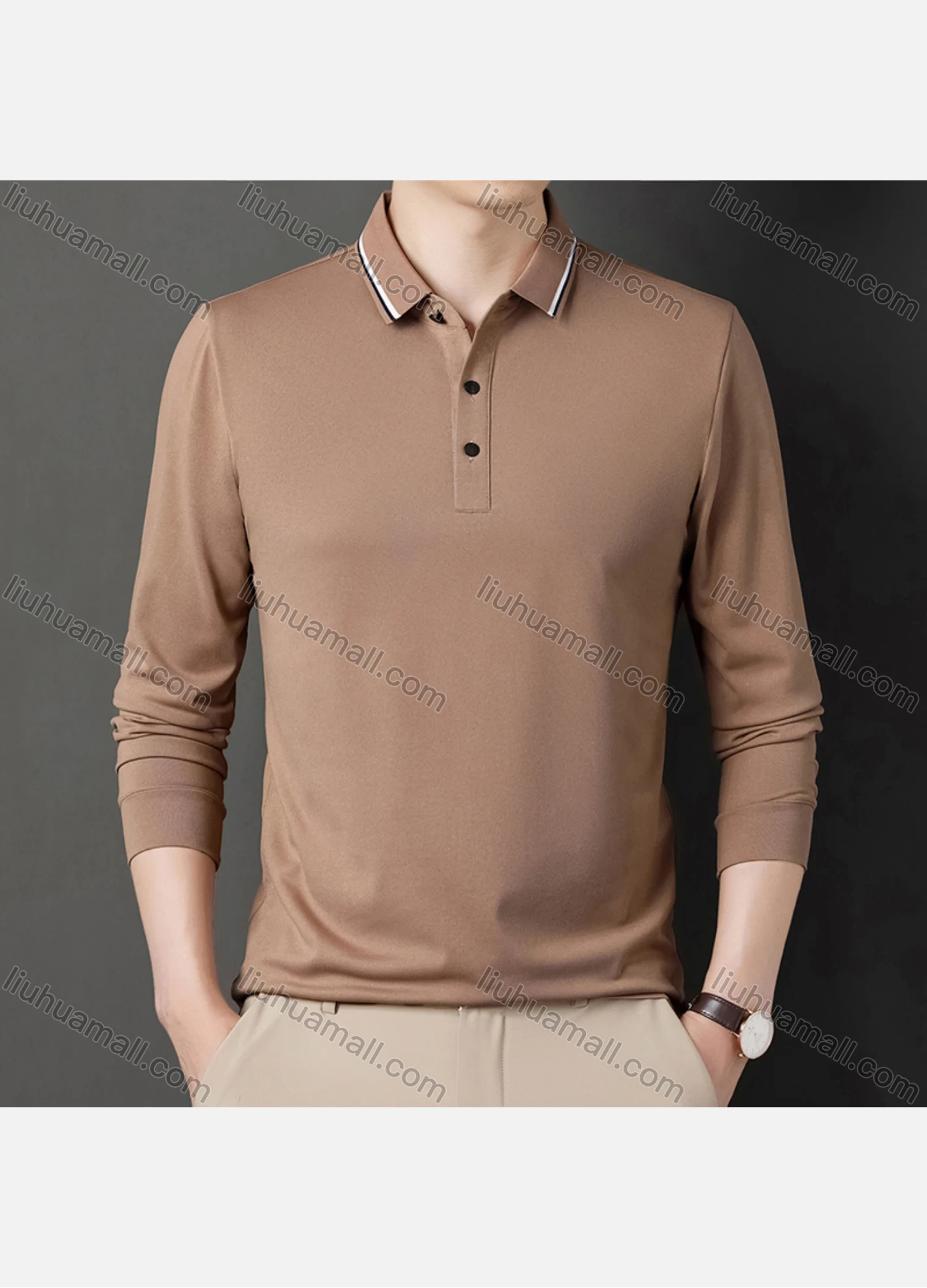 Wholesale Men's Casual Plain Striped Trim Long Sleeve Slim Fit Polo Shirt 6611# - Liuhuamall