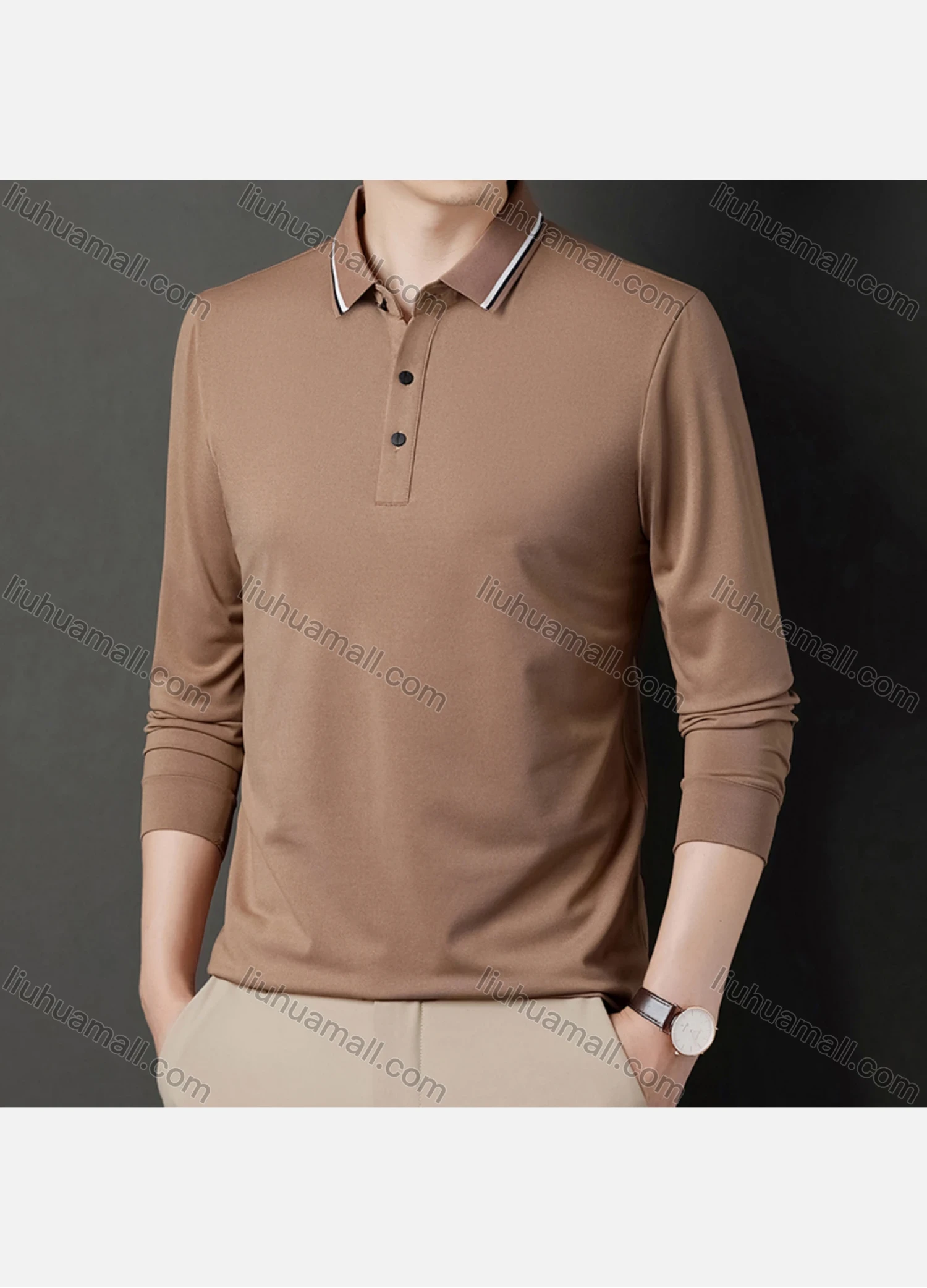 Wholesale Men's Casual Plain Striped Trim Long Sleeve Slim Fit Polo Shirt 6611# - Liuhuamall