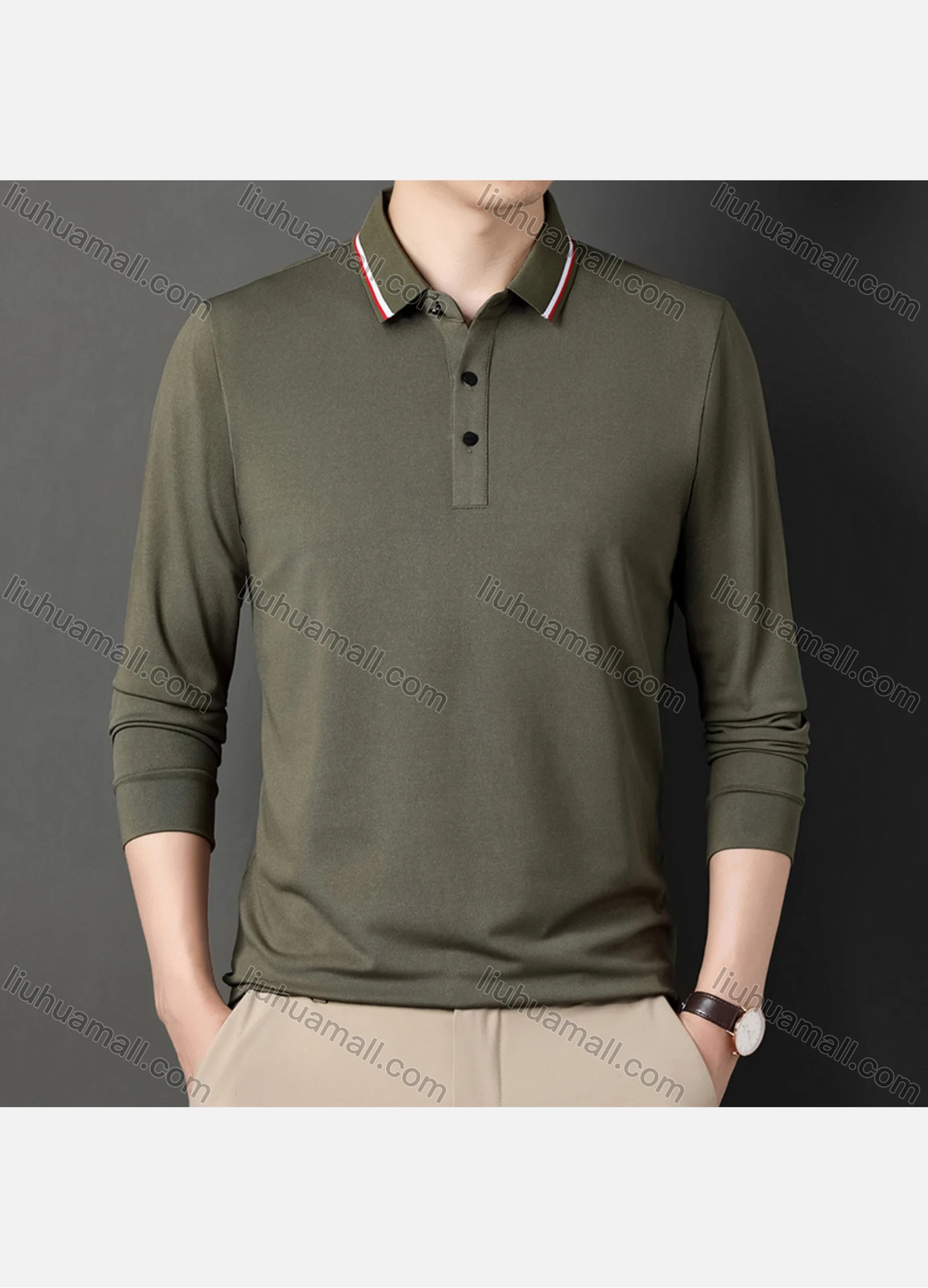 Wholesale Men's Casual Plain Striped Trim Long Sleeve Slim Fit Polo Shirt 6611# - Liuhuamall