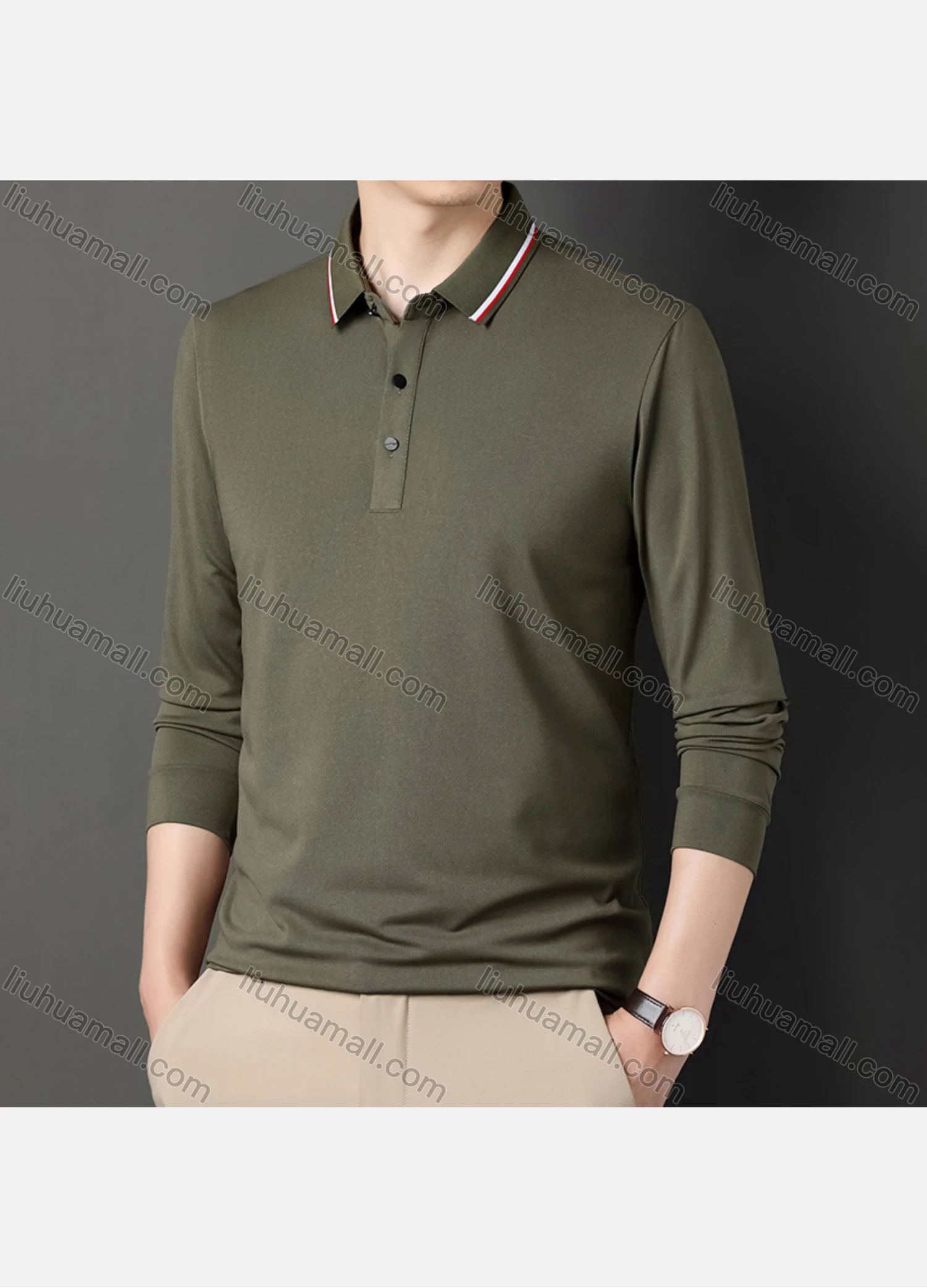 Wholesale Men's Casual Plain Striped Trim Long Sleeve Slim Fit Polo Shirt 6611# - Liuhuamall