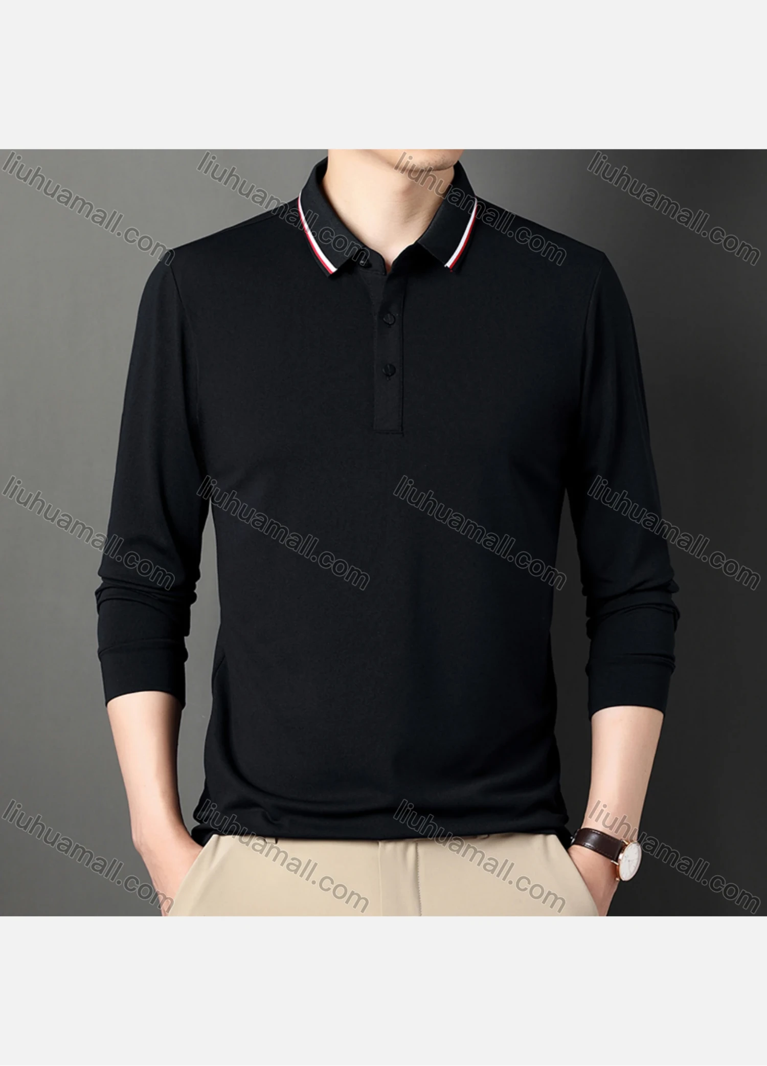Wholesale Men's Casual Plain Striped Trim Long Sleeve Slim Fit Polo Shirt 6611# - Liuhuamall