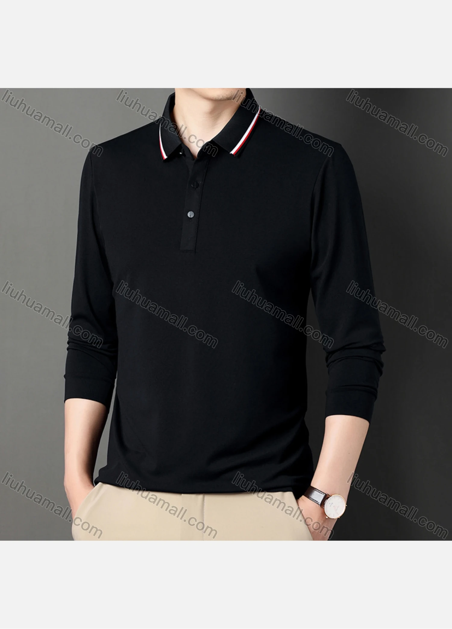Wholesale Men's Casual Plain Striped Trim Long Sleeve Slim Fit Polo Shirt 6611# - Liuhuamall