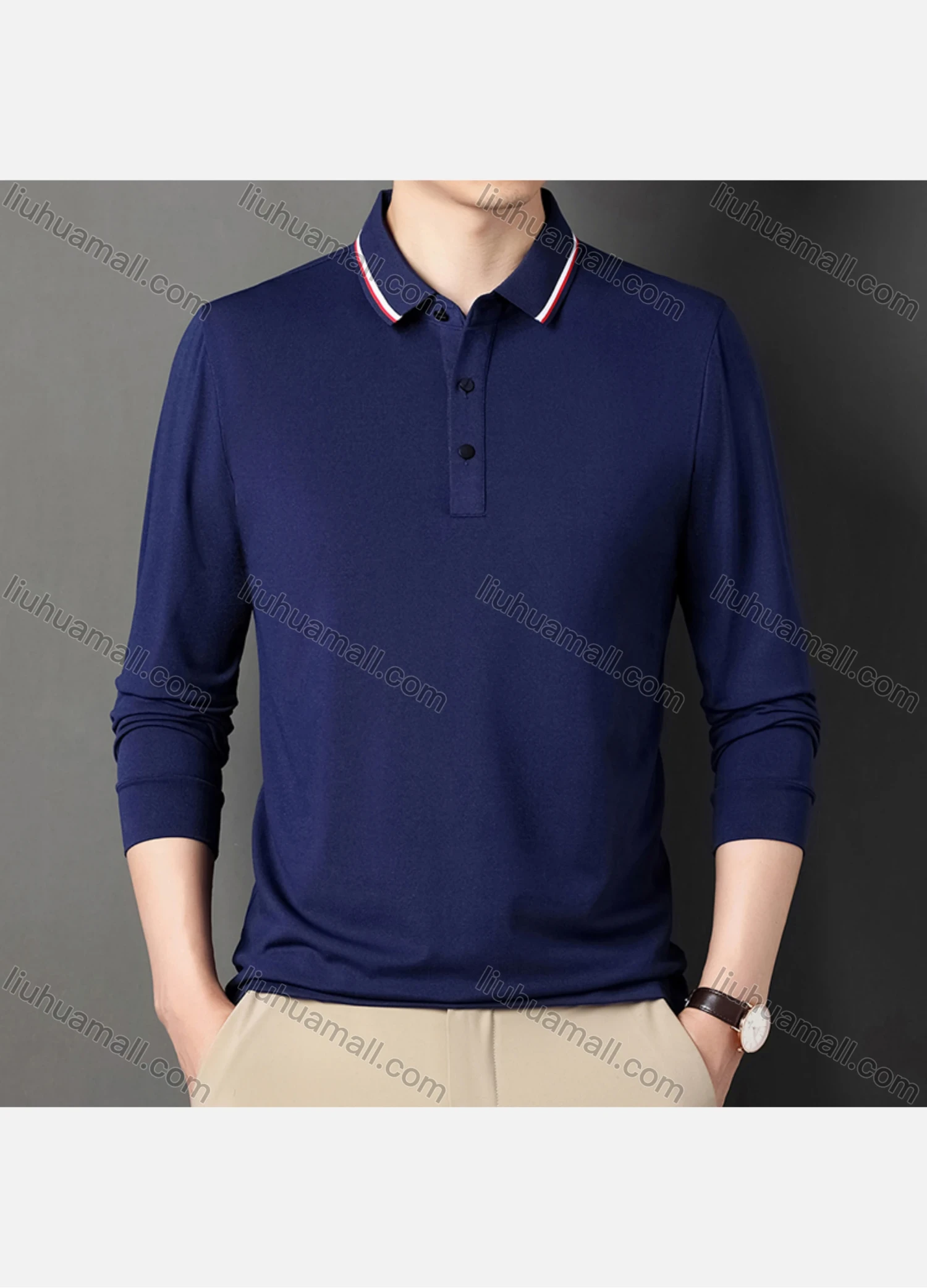 Wholesale Men's Casual Plain Striped Trim Long Sleeve Slim Fit Polo Shirt 6611# - Liuhuamall