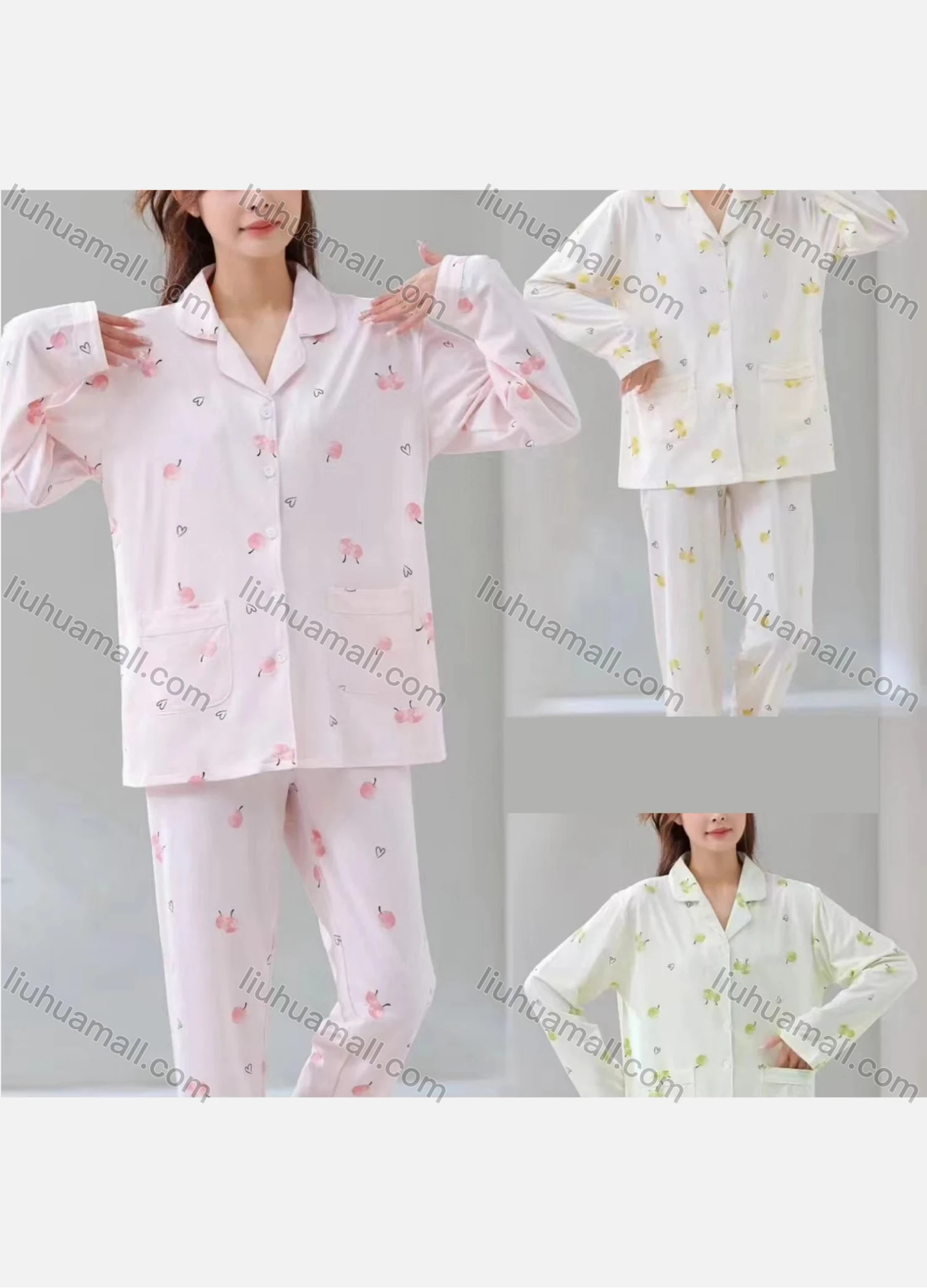 Wholesale Women's Soft Lounge Apple Heart Print Lapel Double Pockets Button Down Long Sleeve Pajamas 2 Piece Set 908# - Liuhuamall