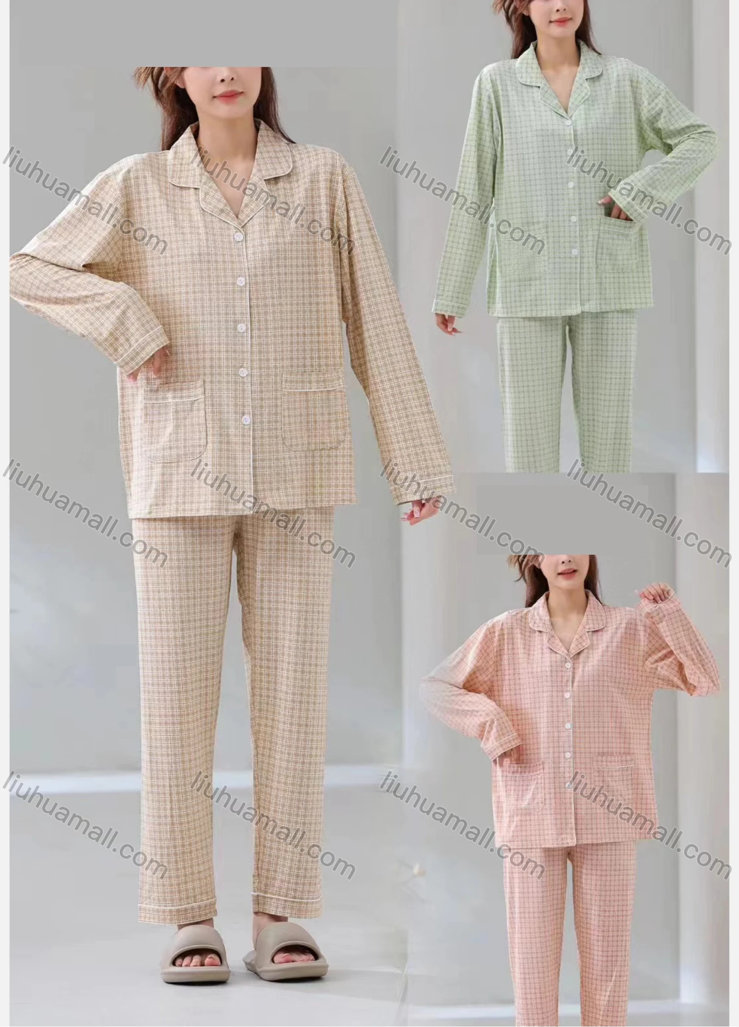 Wholesale Women's Soft Plaid Print Lapel Double Pockets Button Down Long Sleeve Lounge Pajamas 2 Piece Set 908# - Liuhuamall