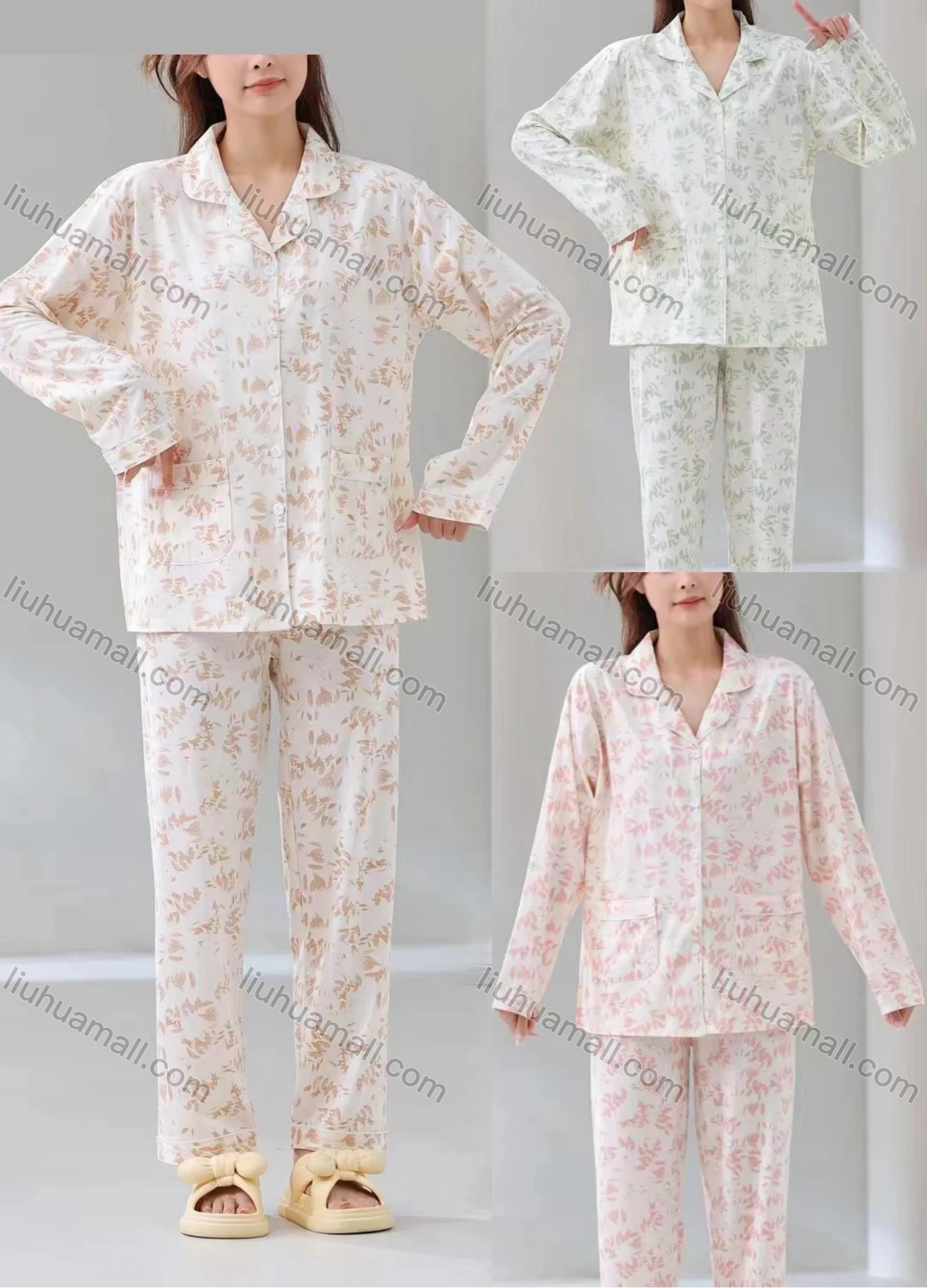 Wholesale Women's Soft Allover Print Lapel Double Pockets Button Down Long Sleeve Lounge Pajamas 2 Piece Set 908# - Liuhuamall