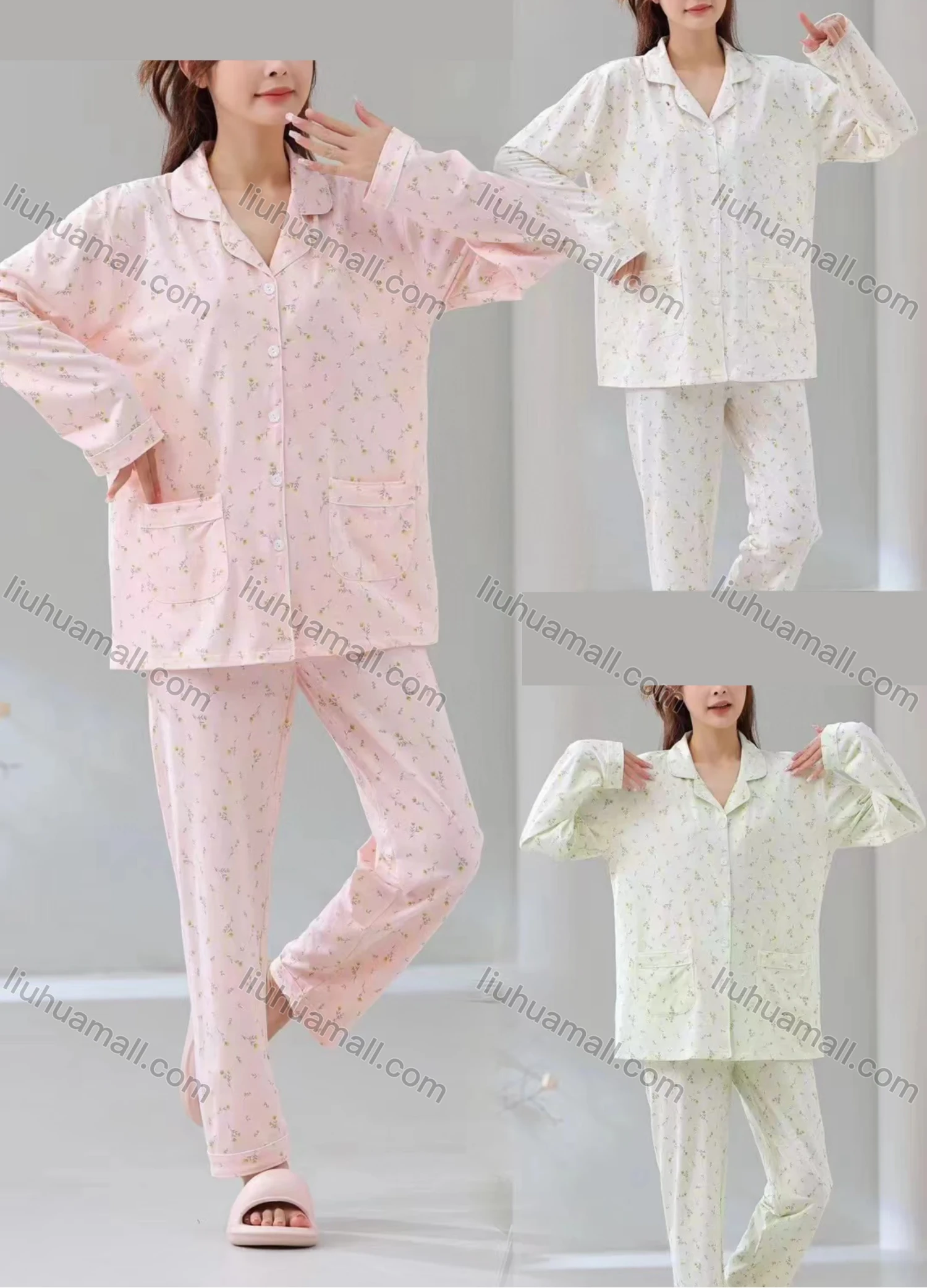 Wholesale Women's Soft Ditsy Floral Lapel Double Pockets Button Down Long Sleeve Lounge Pajamas 2 Piece Set 908# - Liuhuamall