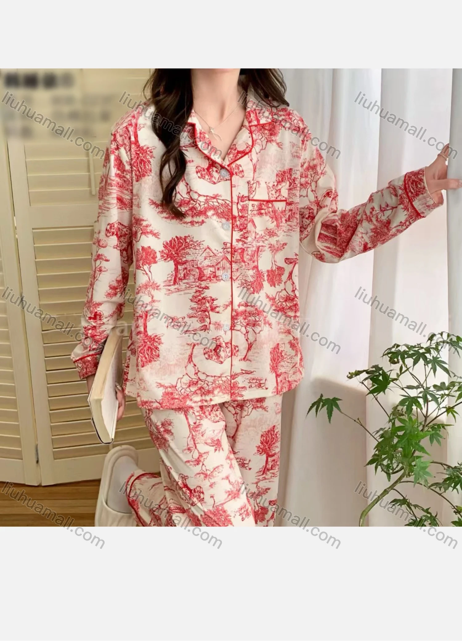 Wholesale Women's Soft Landscape Print Lapel Patch Pocket Button Down Long Sleeve Lounge Pajamas 2 Piece Set 908# - Liuhuamall