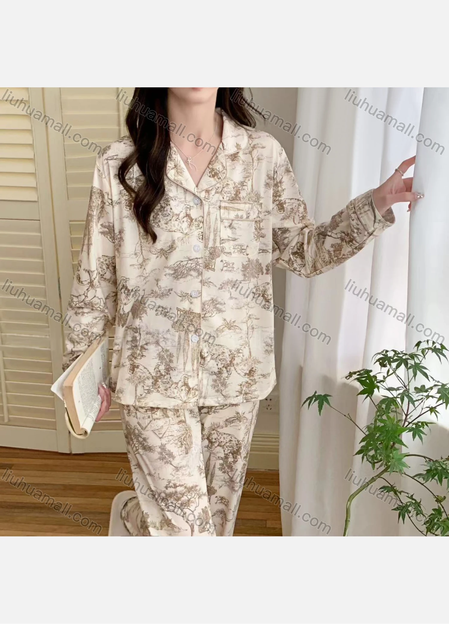 Wholesale Women's Soft Landscape Print Lapel Patch Pocket Button Down Long Sleeve Lounge Pajamas 2 Piece Set 908# - Liuhuamall
