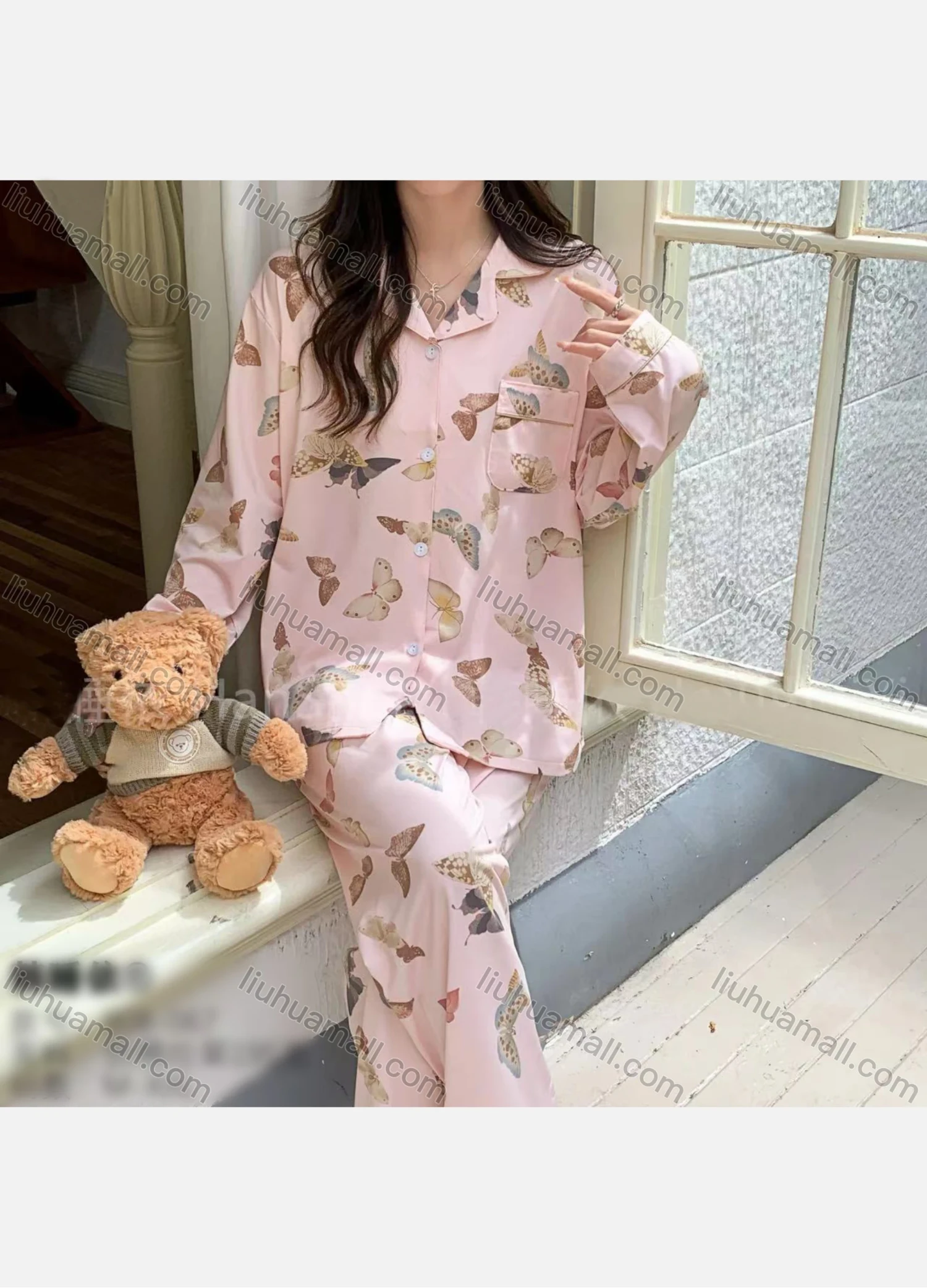 Wholesale Women's Soft Butterfly Print Lapel Patch Pocket Button Down Long Sleeve Lounge Pajamas 2 Piece Set 908# - Liuhuamall