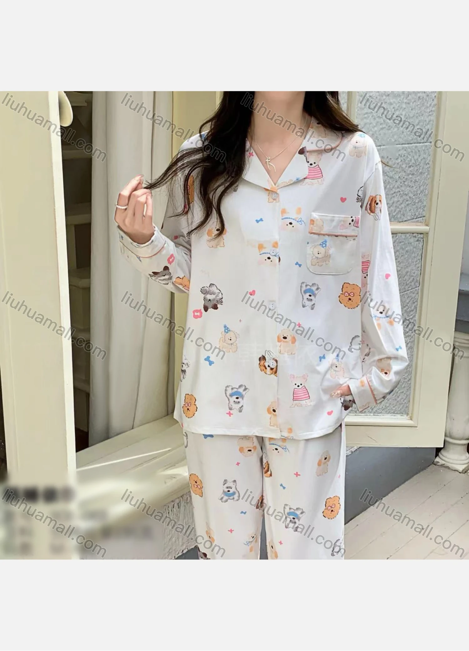 Wholesale Women's Soft Cartoon Print Lapel Patch Pocket Button Down Long Sleeve Lounge Pajamas 2 Piece Set 908# - Liuhuamall