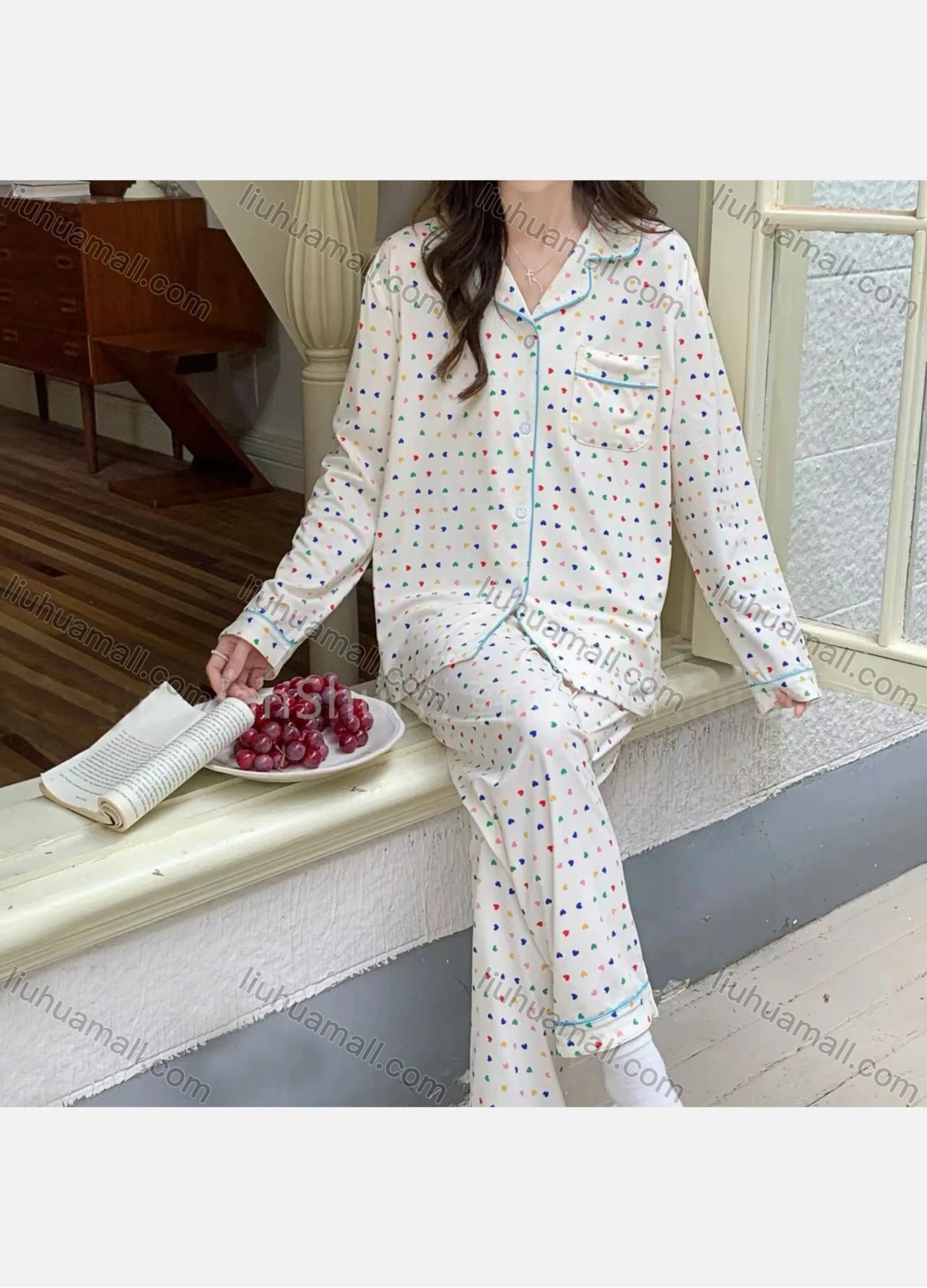 Wholesale Women's Soft Colourful Heart Print Lapel Pocket Button Down Long Sleeve Lounge Pajamas 2 Piece Set 908# - Liuhuamall