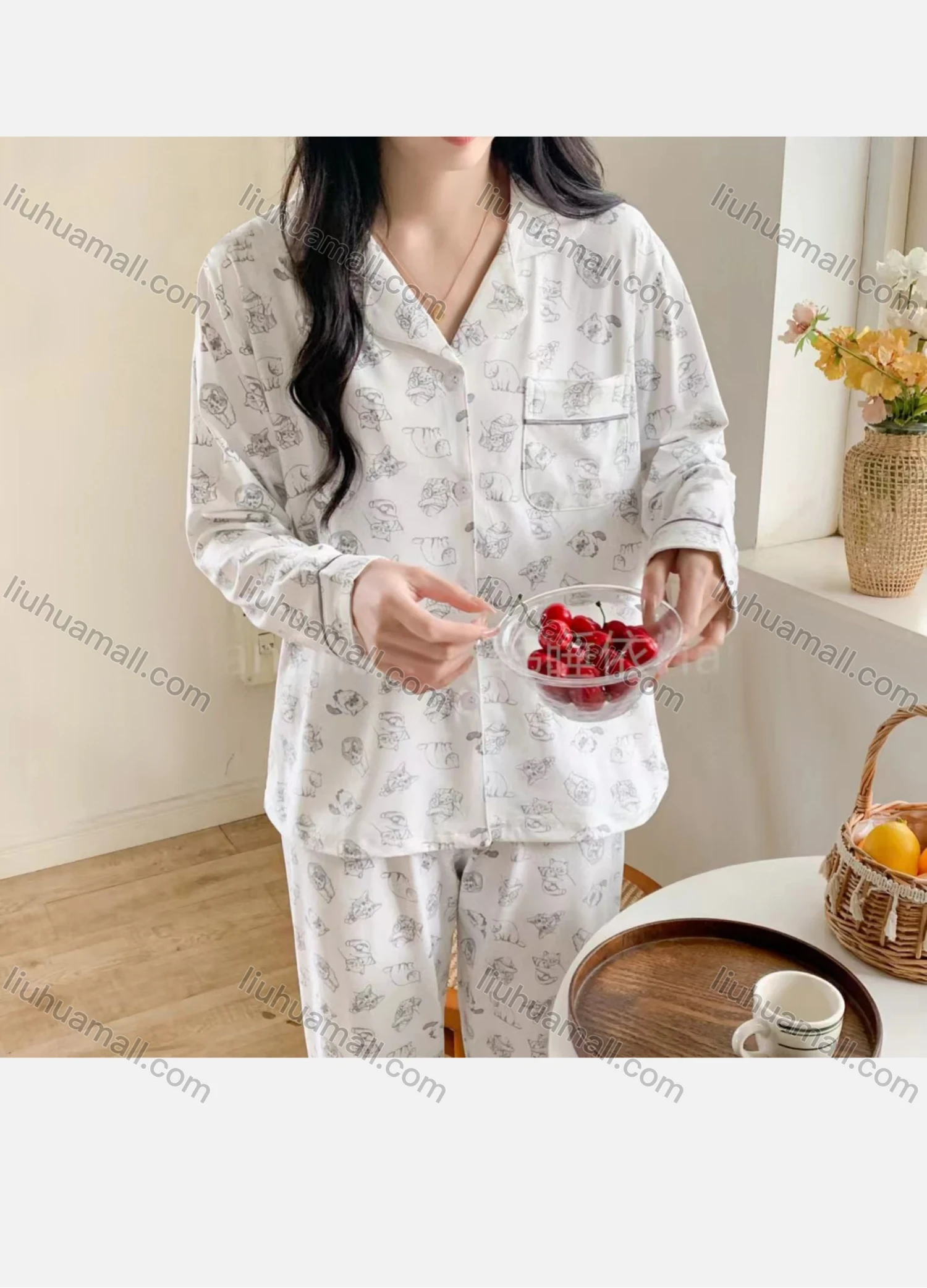 Wholesale Women's Soft Animal Print Lapel Pocket Button Down Long Sleeve Lounge Pajamas 2 Piece Set 908# - Liuhuamall