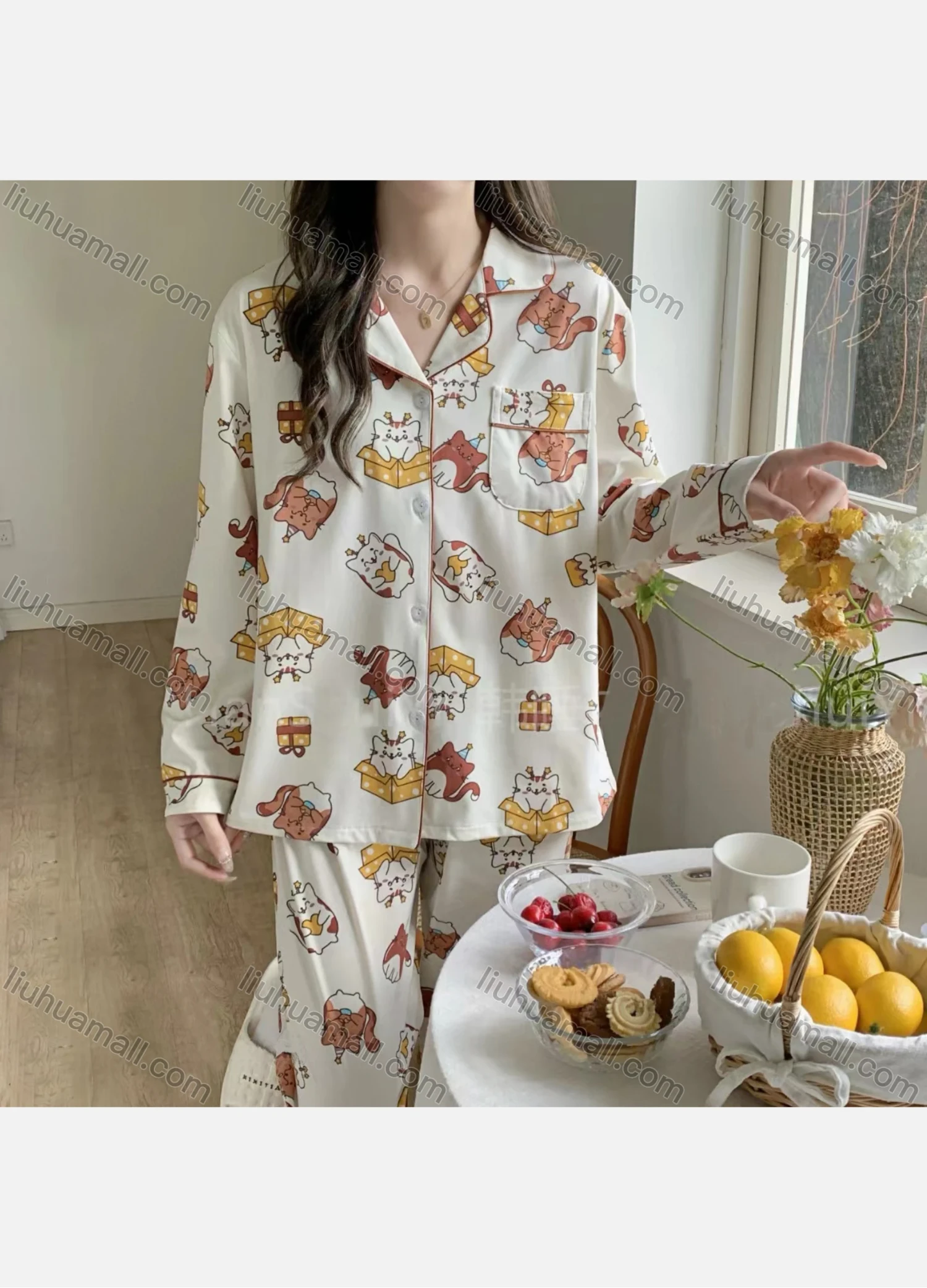 Wholesale Women's Lovely Cartoon Animal Print Lapel Pocket Button Down Long Sleeve Lounge Pajamas 2 Piece Set 908# - Liuhuamall