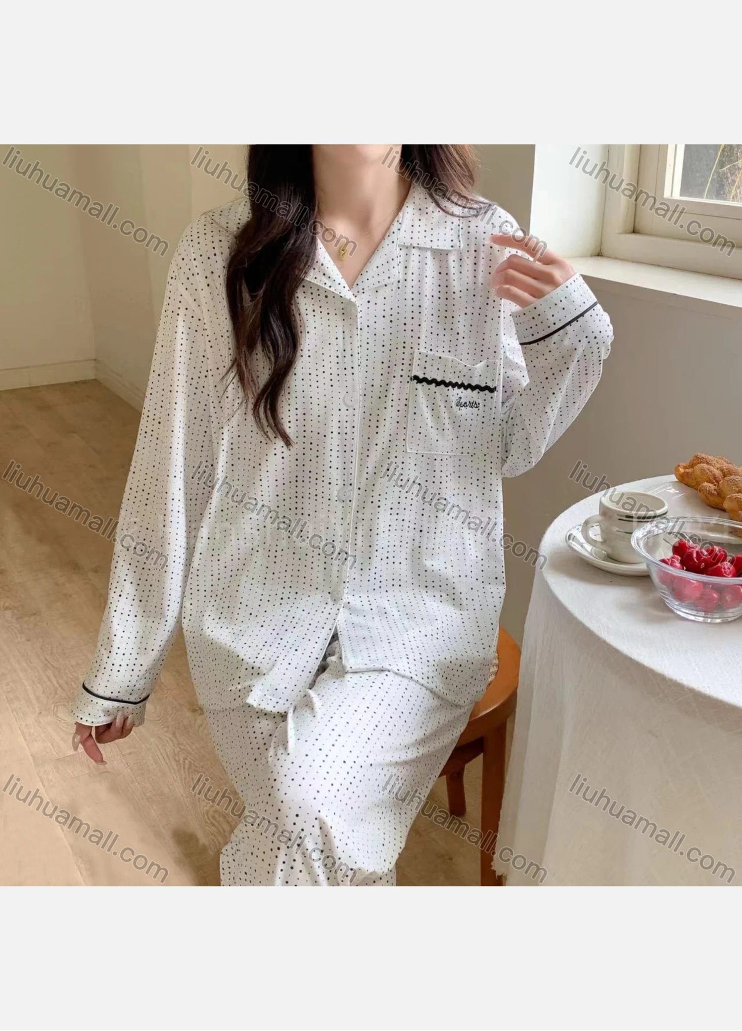 Wholesale Women's Comfy Pin Dot Lapel Pocket Button Down Long Sleeve Lounge Pajamas 2 Piece Set 908# - Liuhuamall