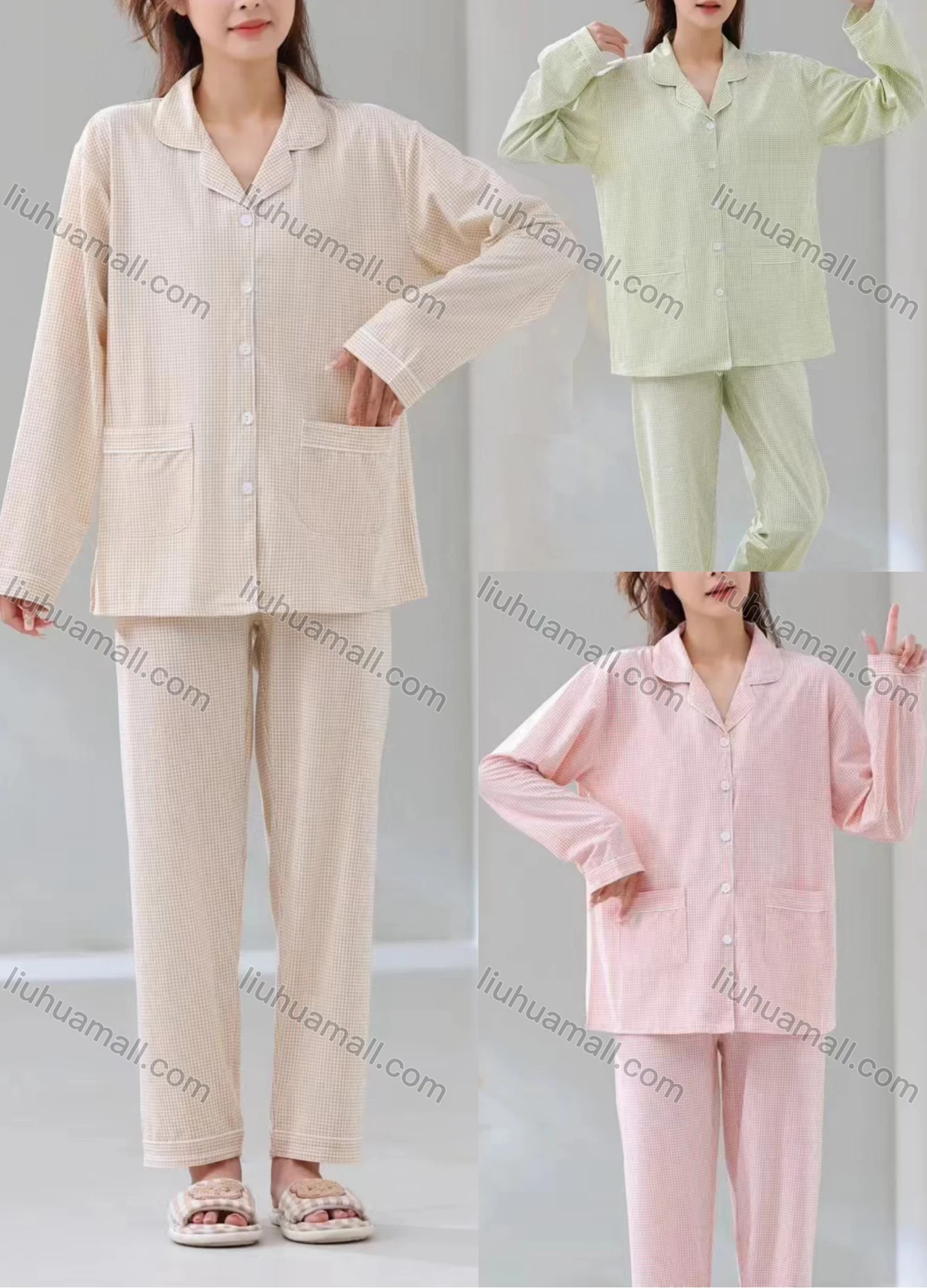 Wholesale Women's Lounge Plaid Print Lapel Double Pockets Button Down Long Sleeve Pajamas 2 Piece Set 908# - Liuhuamall