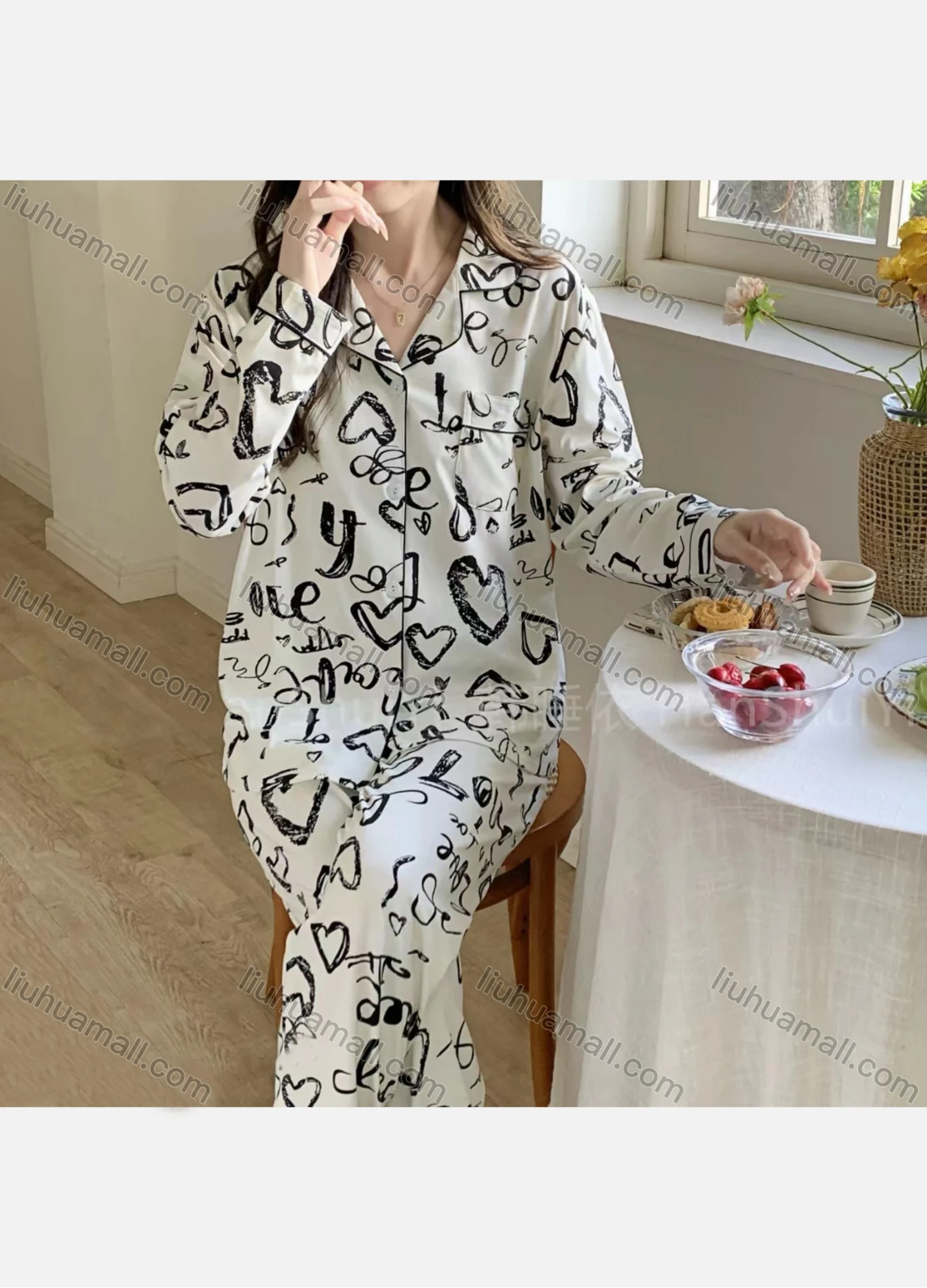 Wholesale Women's Soft Heart Letter Print Lapel Pocket Button Down Long Sleeve Lounge Pajamas 2 Piece Set 908# - Liuhuamall