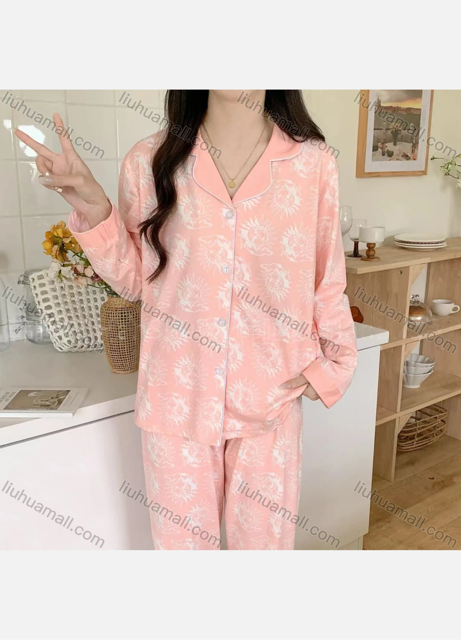 Wholesale Women's Comfy Allover Print Lapel Button Down Long Sleeve Lounge Pajamas 2 Piece Set 908# - Liuhuamall