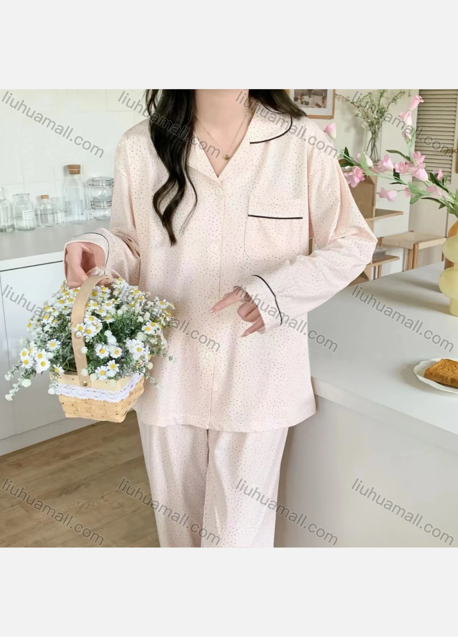 Wholesale Women's Comfy Pin Dot Lapel Pocket Button Down Long Sleeve Lounge Pajamas 2 Piece Set 908# - Liuhuamall