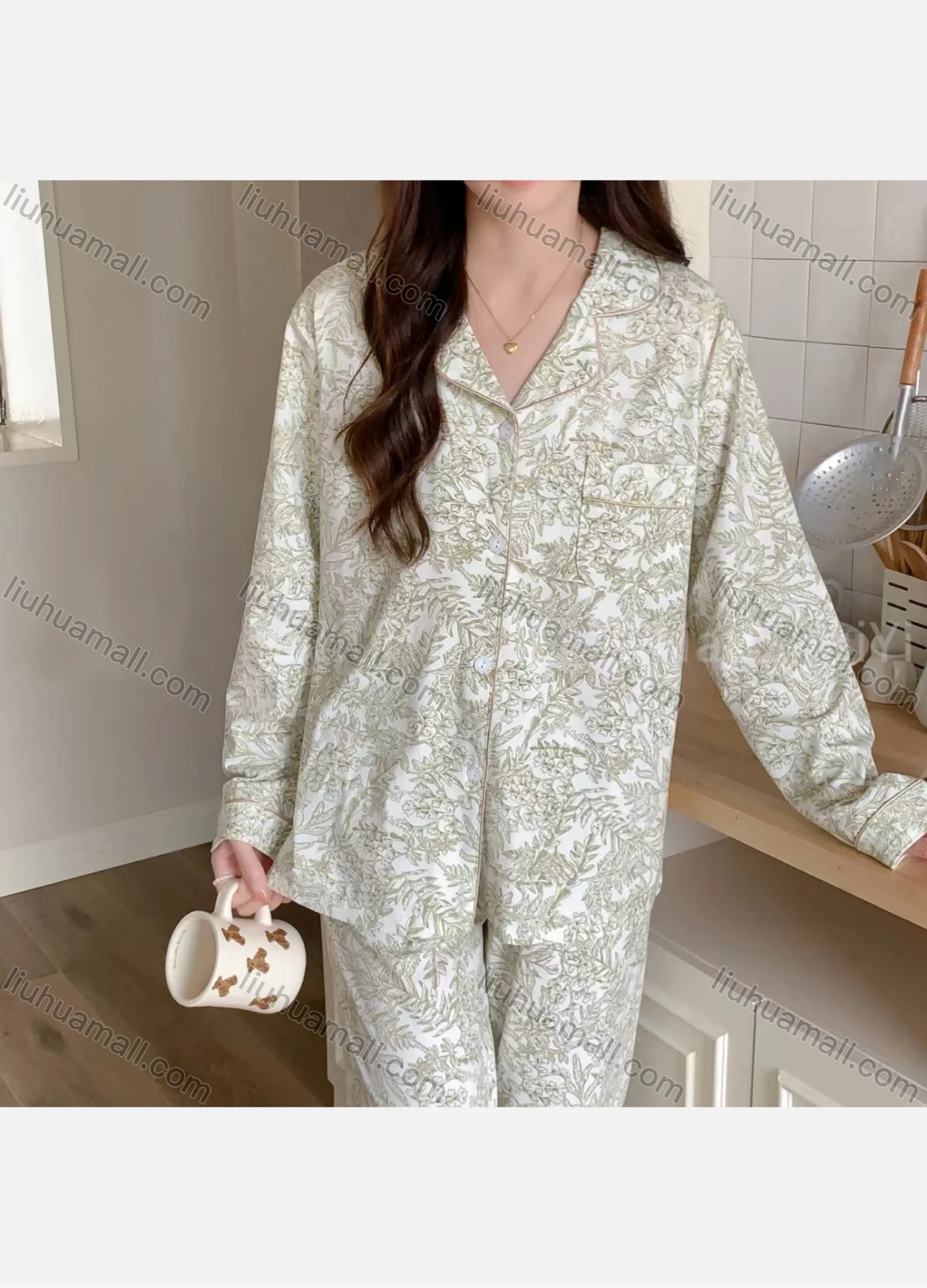 Wholesale Women's Comfy Allover Leaf Print Lapel Pocket Button Down Long Sleeve Lounge Pajamas 2 Piece Set 908# - Liuhuamall