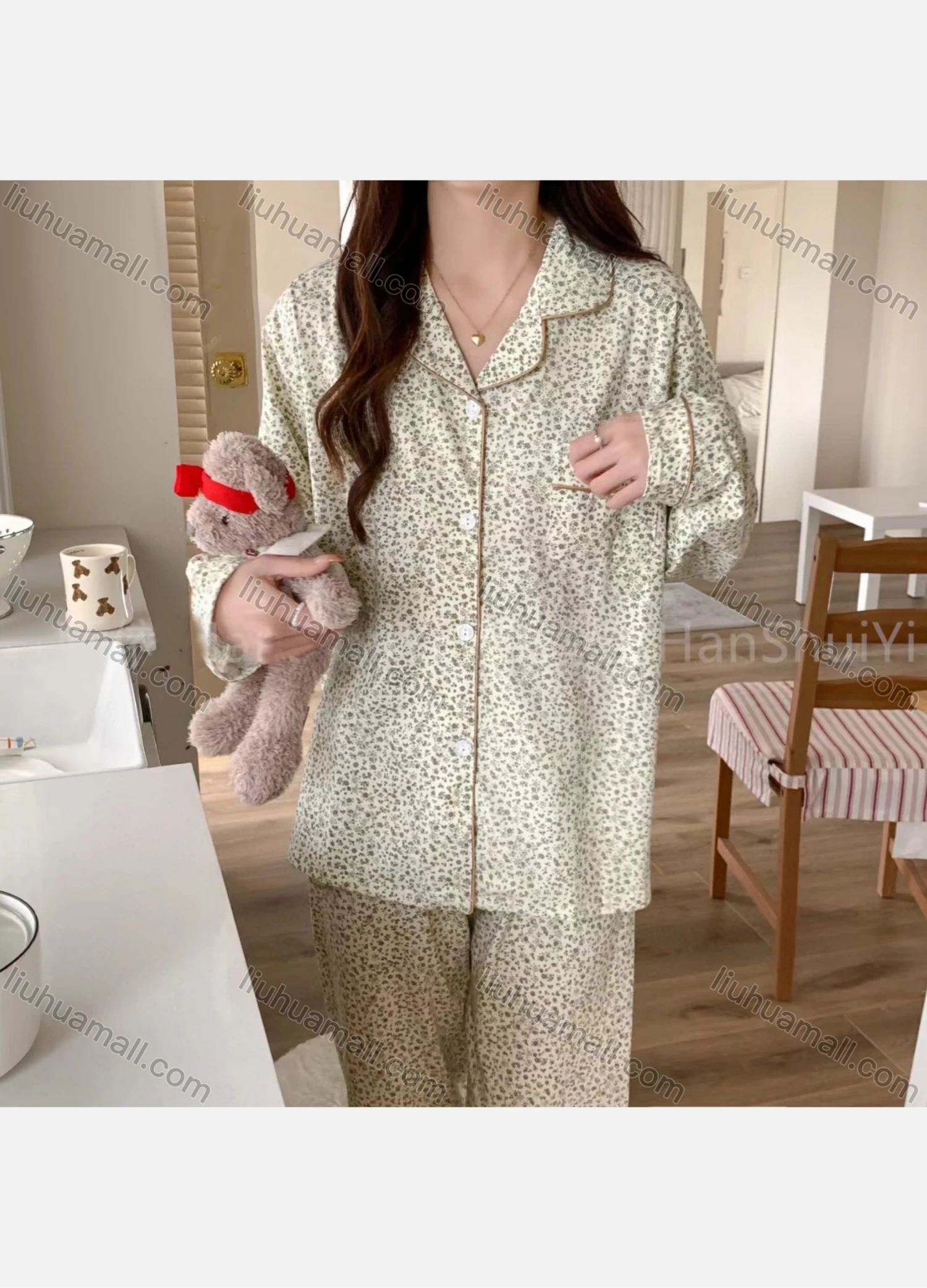 Wholesale Women's Comfy Ditsy Floral Lapel Pocket Button Down Long Sleeve Lounge Pajamas 2 Piece Set 908# - Liuhuamall