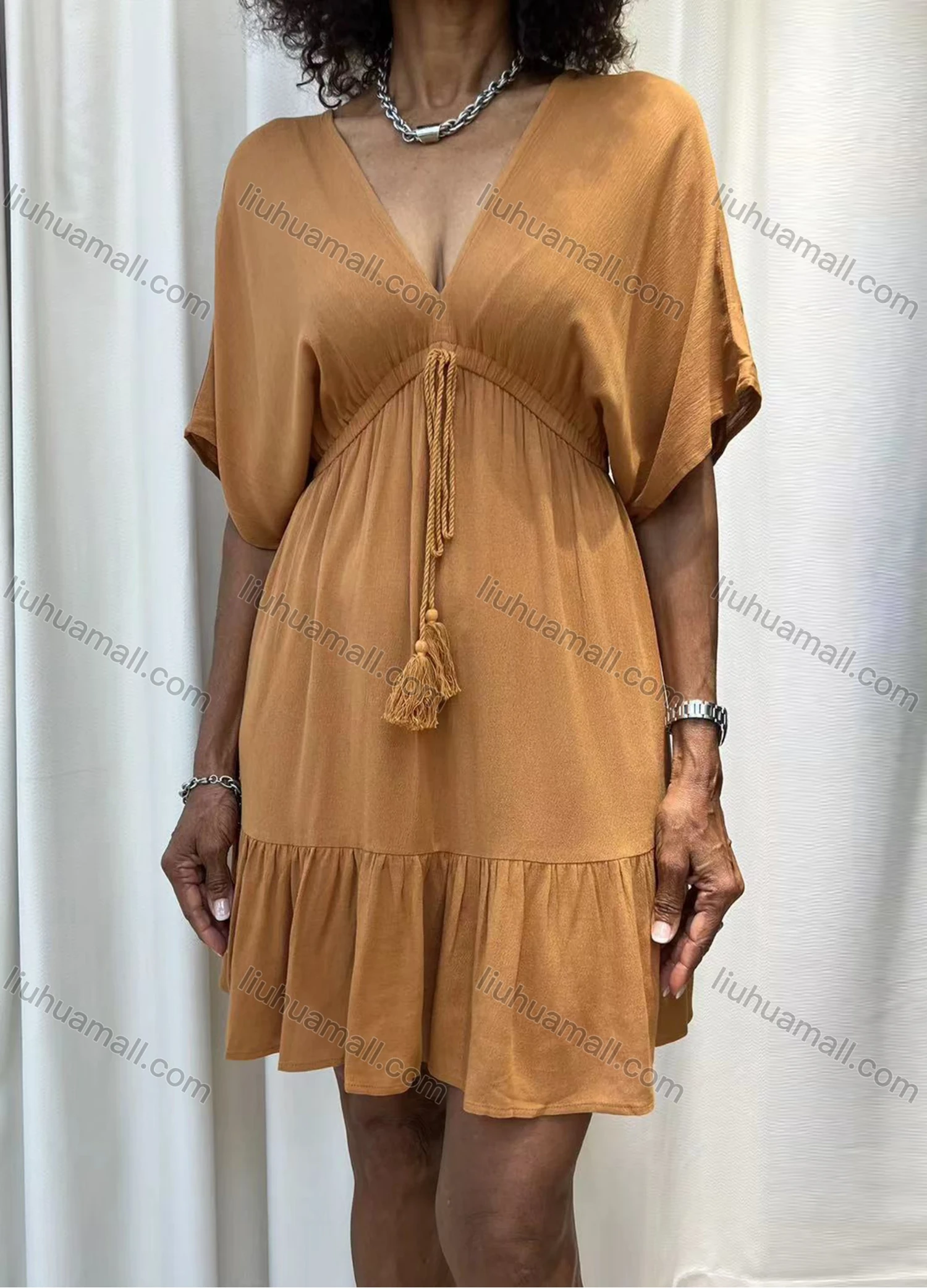 Wholesale Women's Casual Plain V Neck Half Sleeve Ruched Drawstring Ruffle Hem Woven Short Dress V5200# - Liuhuamall